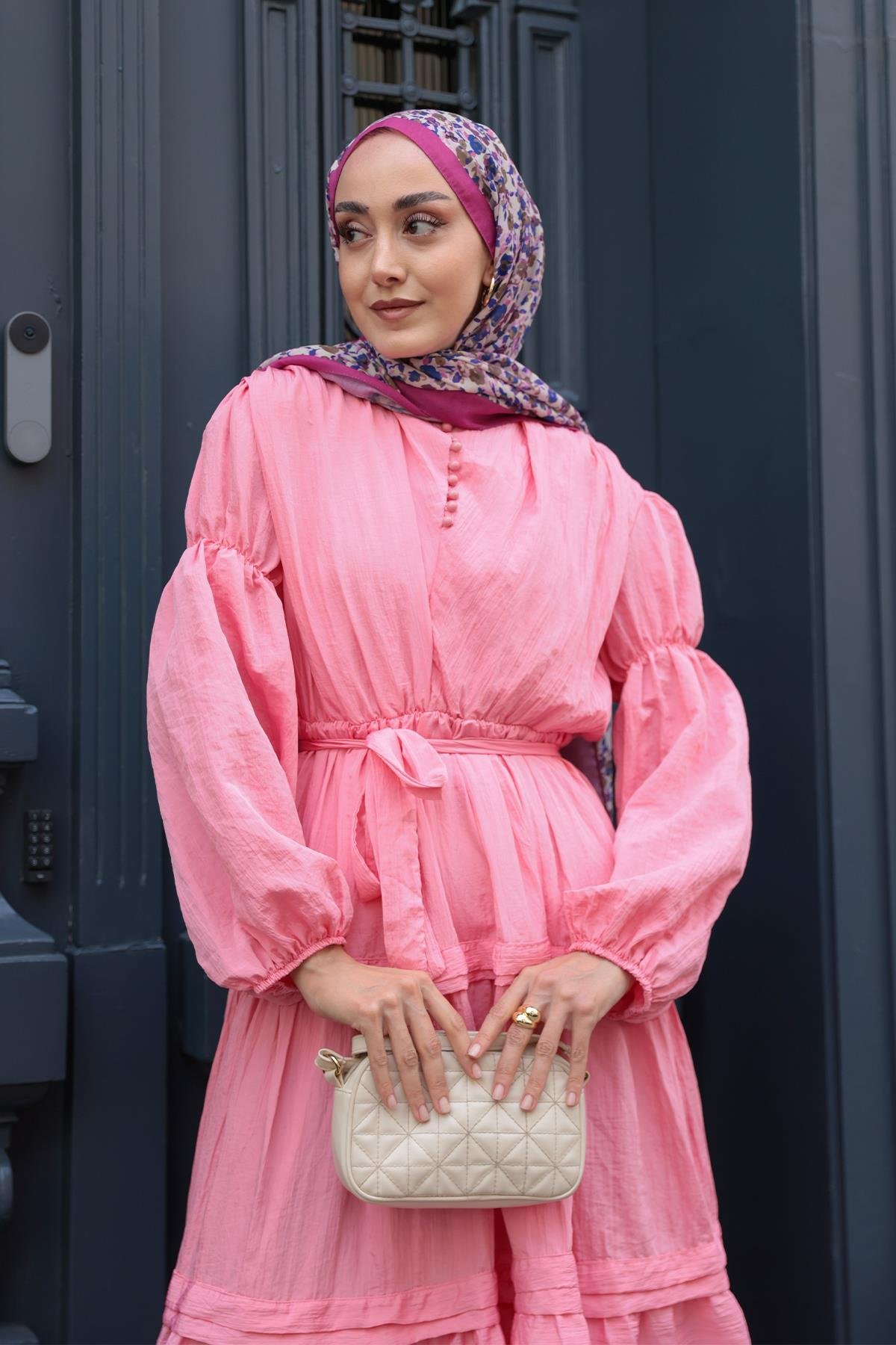 Kolu Lastik Detaylı Elbise Pembe