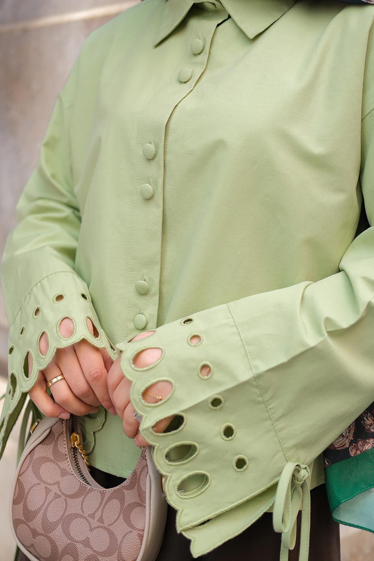 Kolu Nakışlı Gömlek Fıstık Yeşil