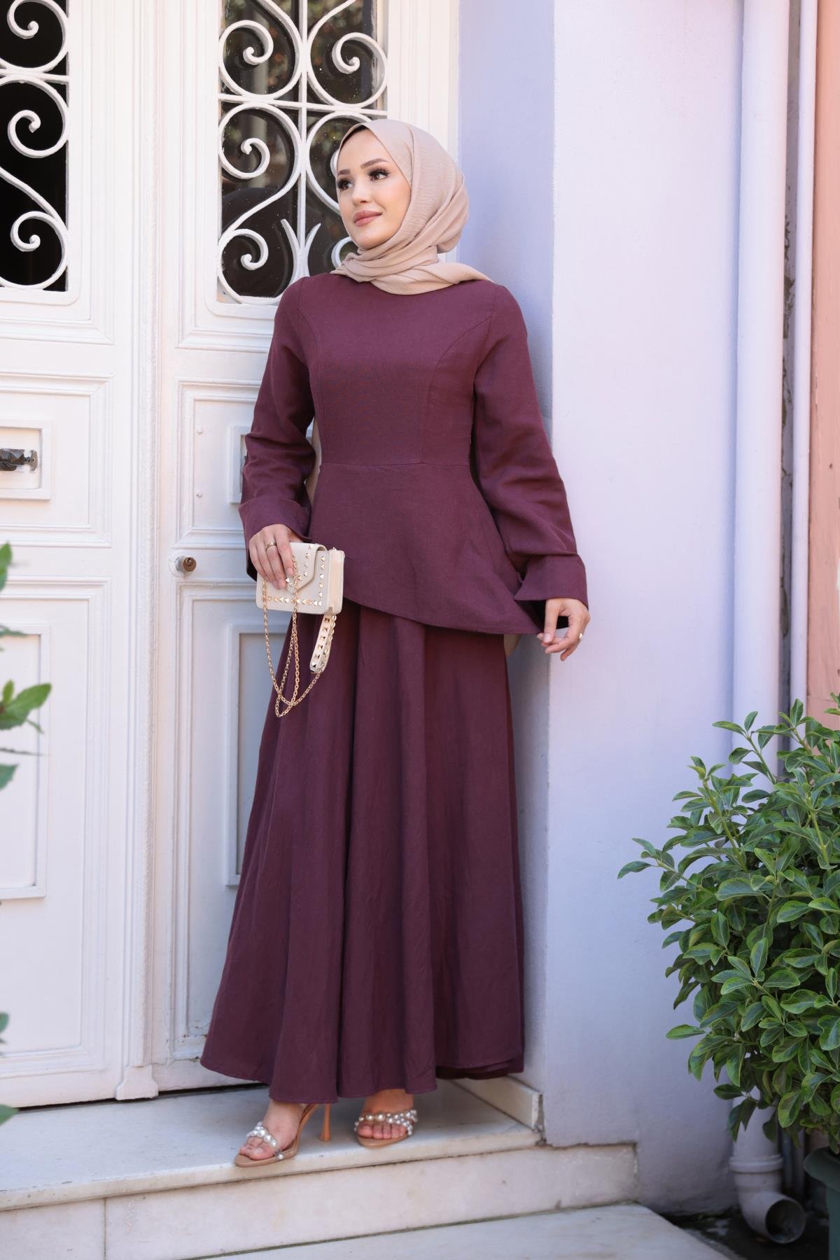 Kraş Etekli Keten Elbise Bordo