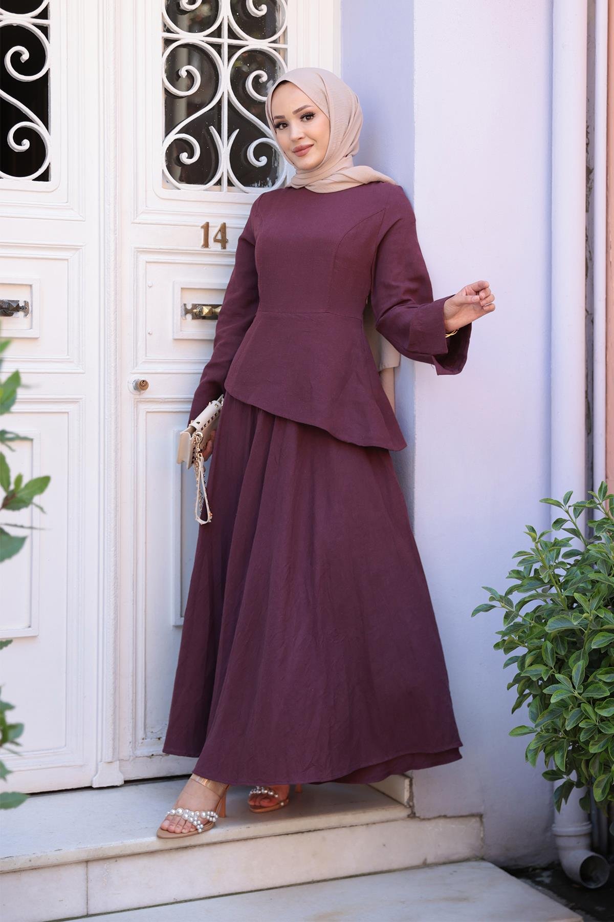 Kraş Etekli Keten Elbise Bordo