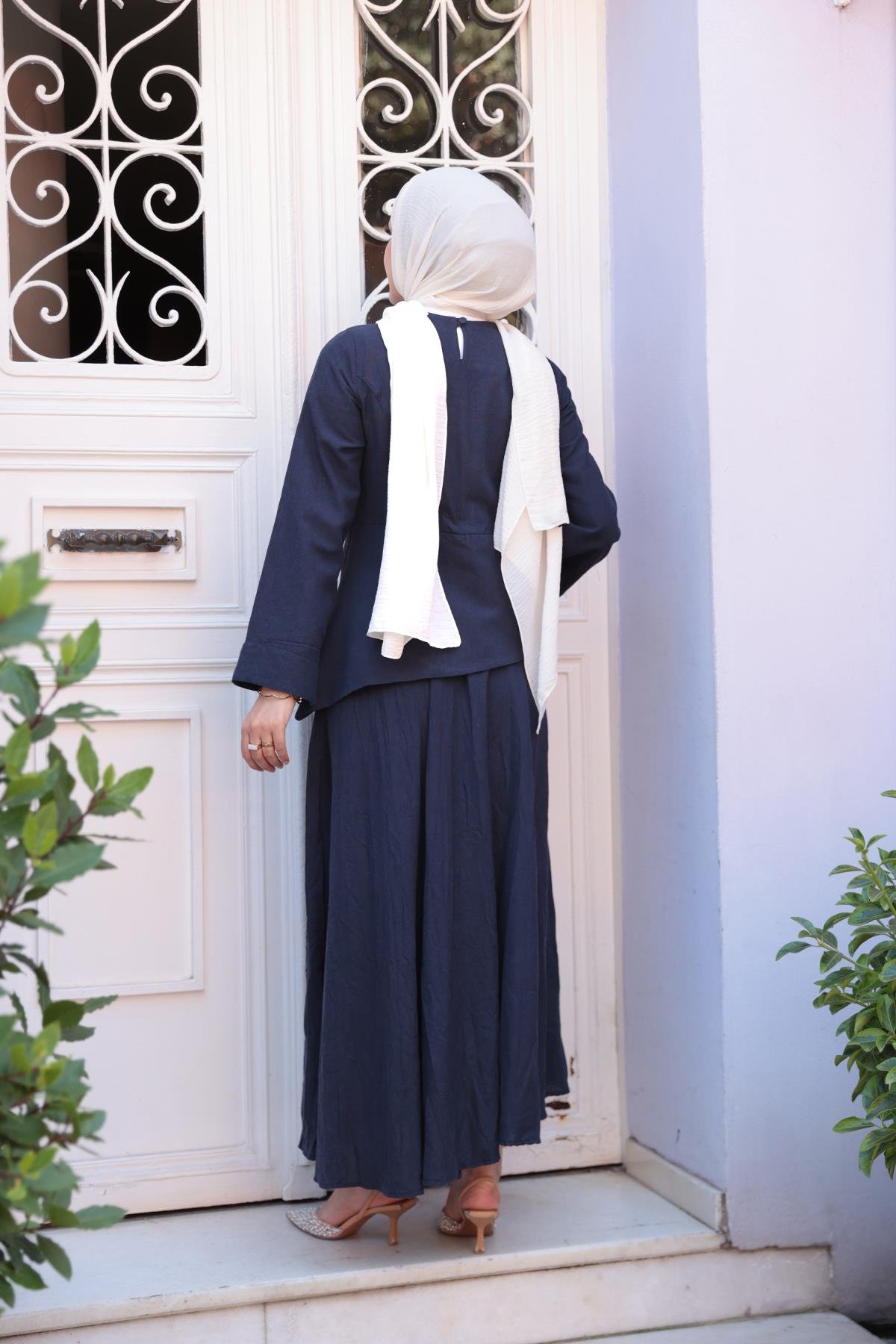 Kraş Etekli Keten Elbise Lacivert