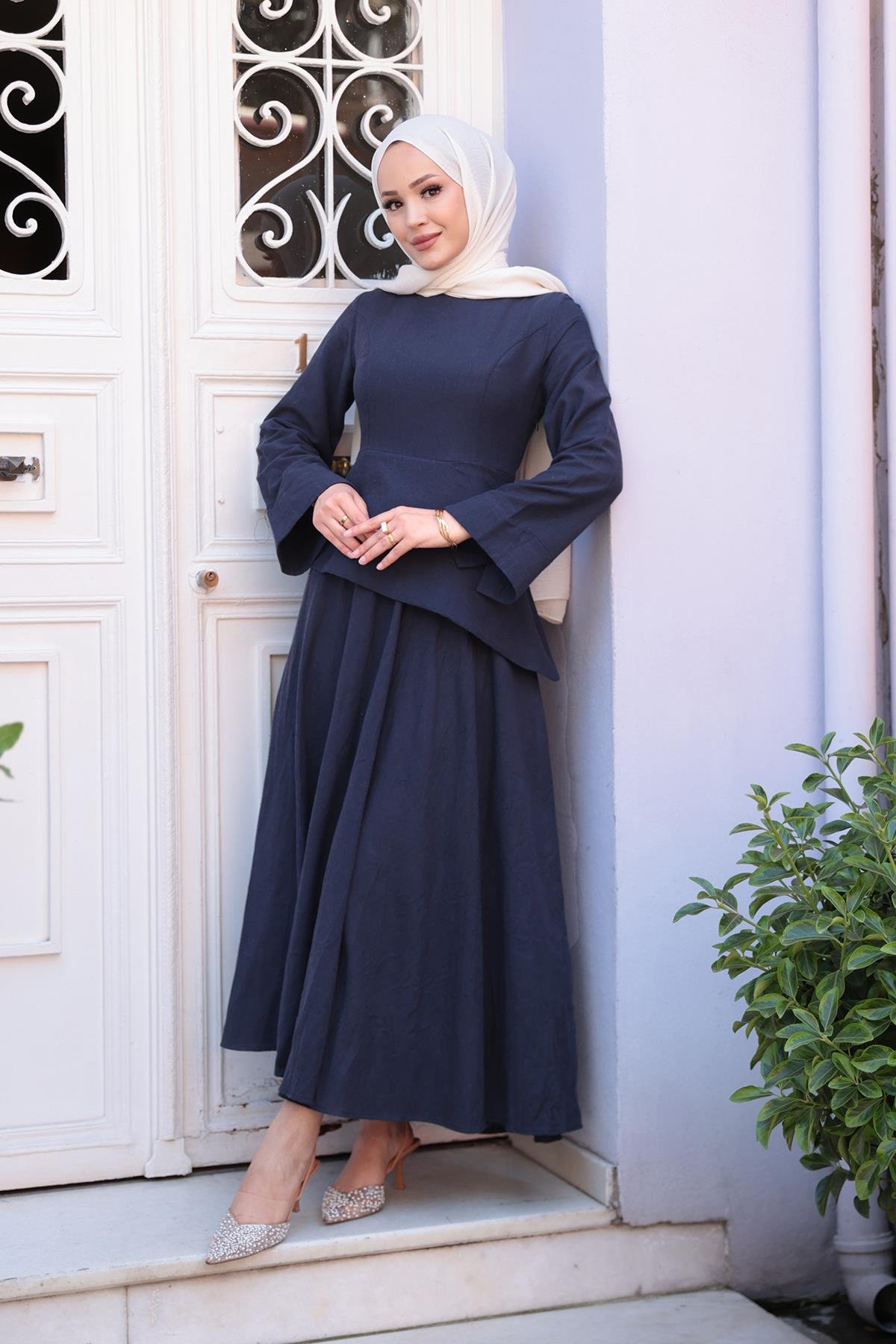 Kraş Etekli Keten Elbise Lacivert