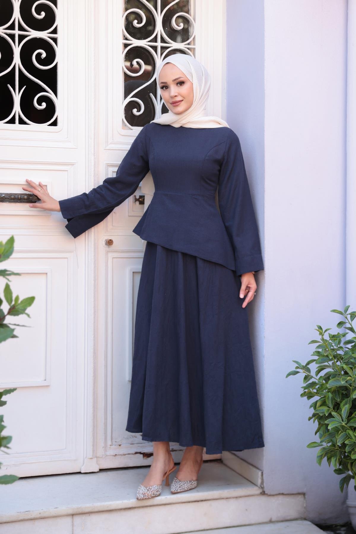 Kraş Etekli Keten Elbise Lacivert