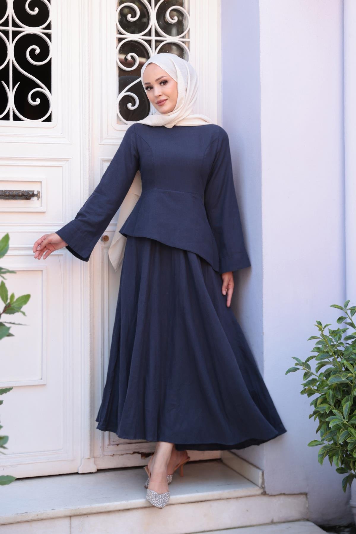 Kraş Etekli Keten Elbise Lacivert