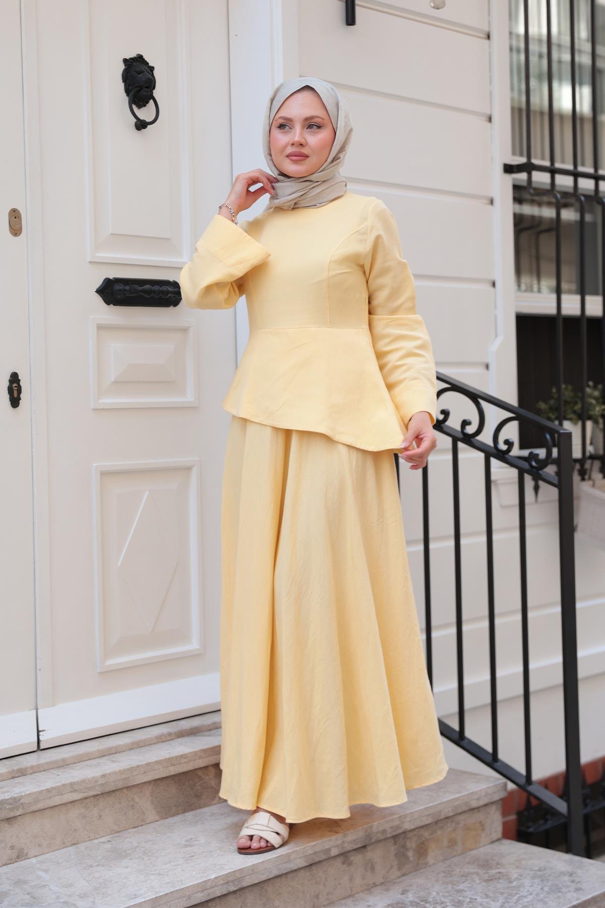 Kraş Etekli Keten Elbise Sarı