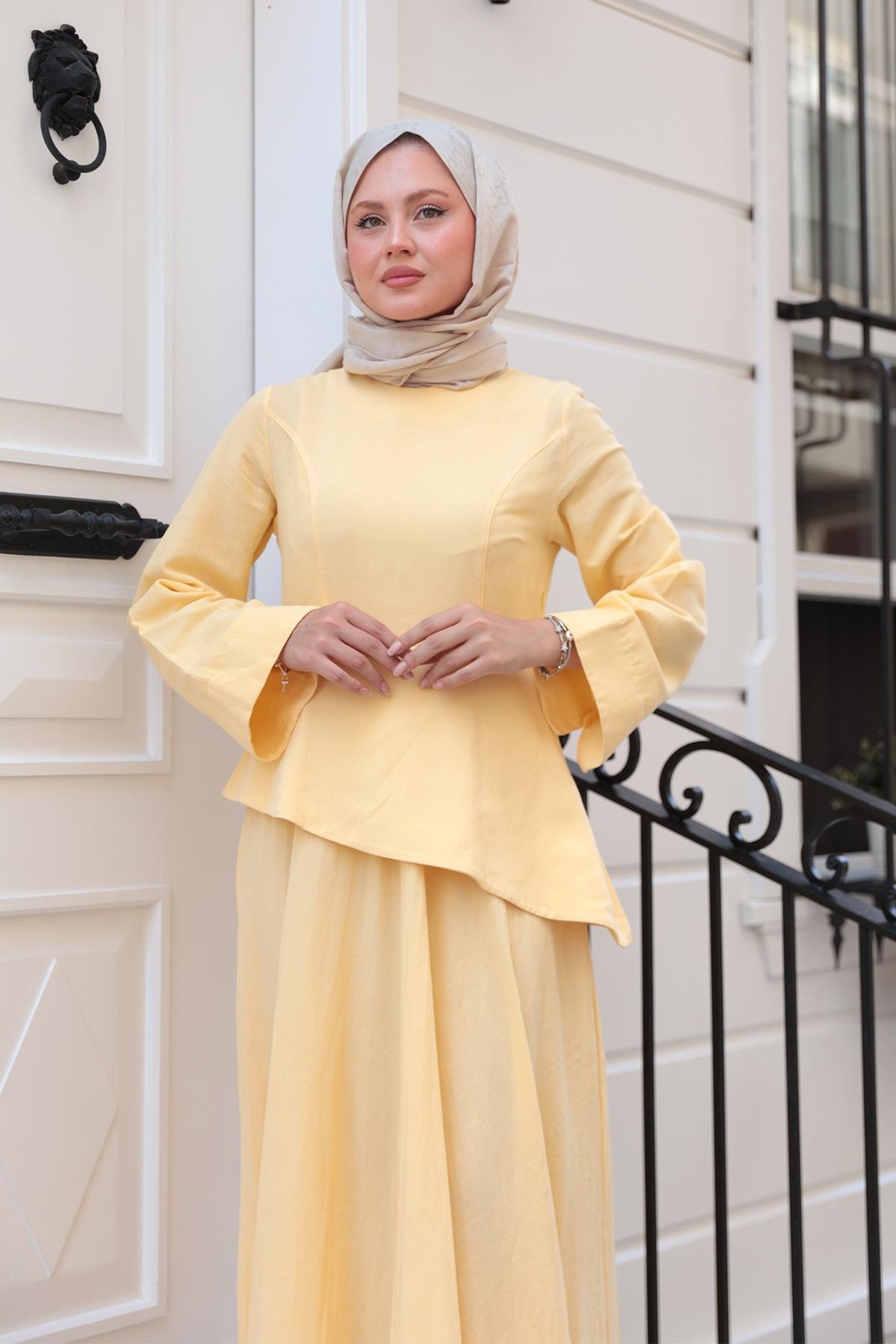 Kraş Etekli Keten Elbise Sarı