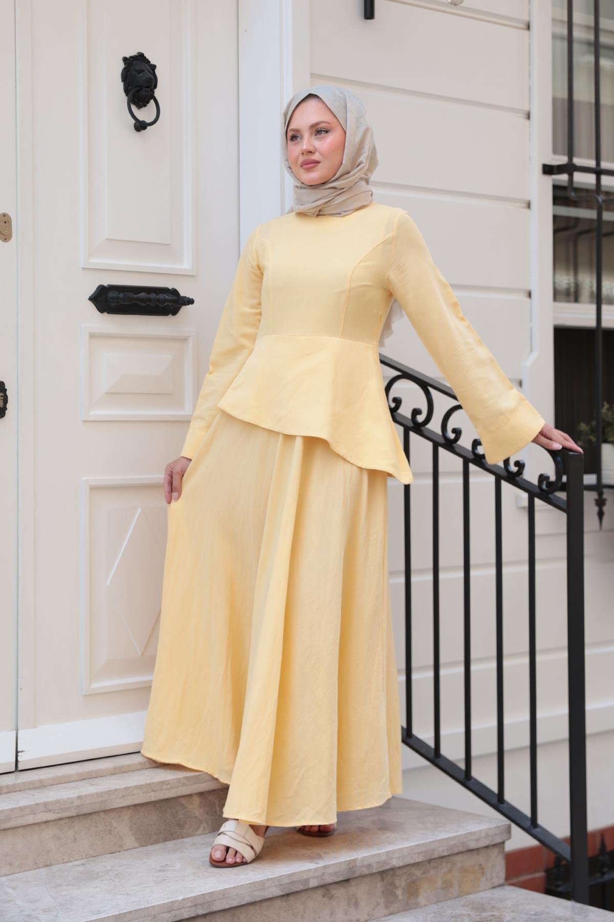 Kraş Etekli Keten Elbise Sarı