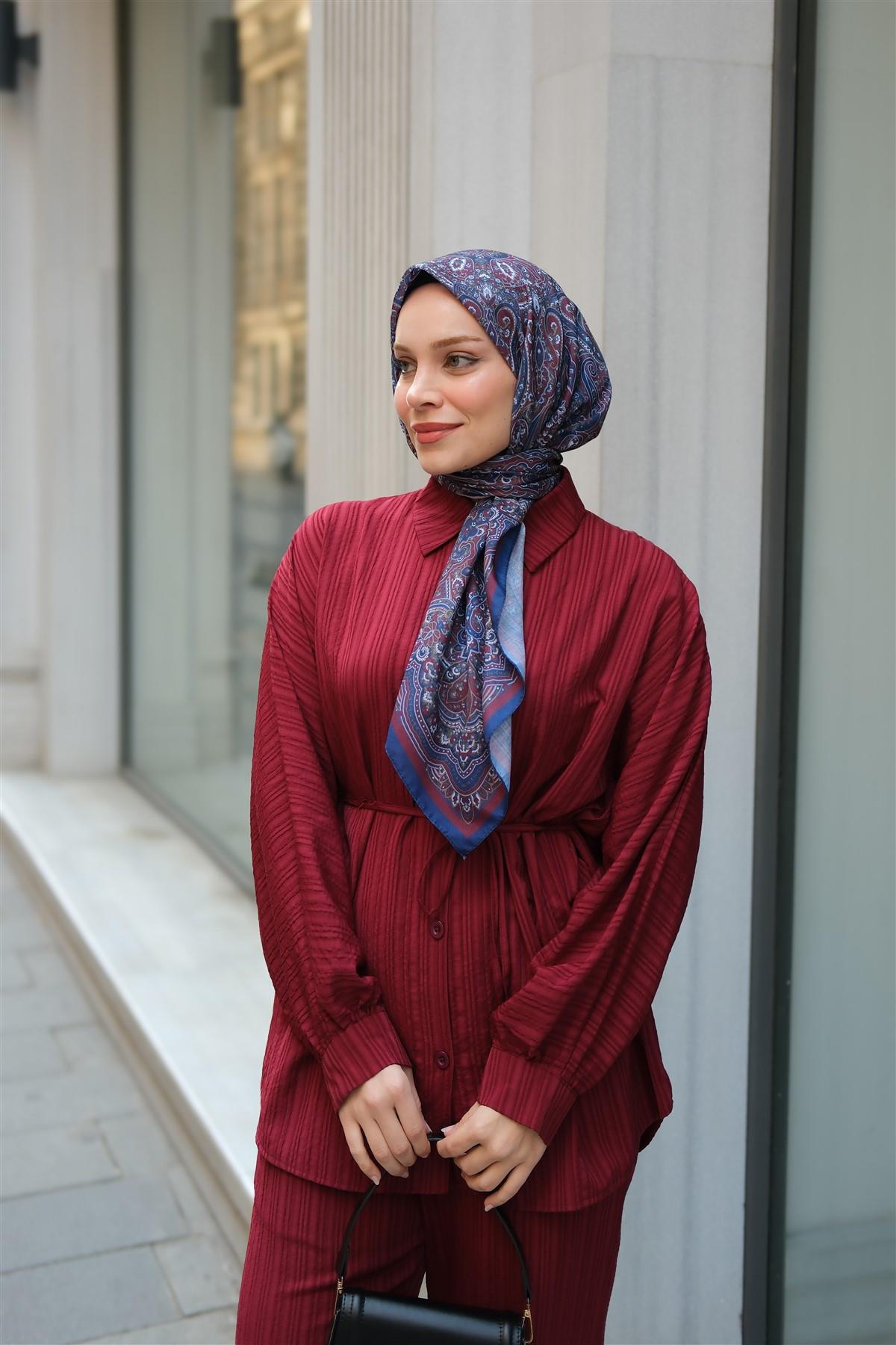 Krinkıl Kumaş Bel Bağlamalı Takım Bordo