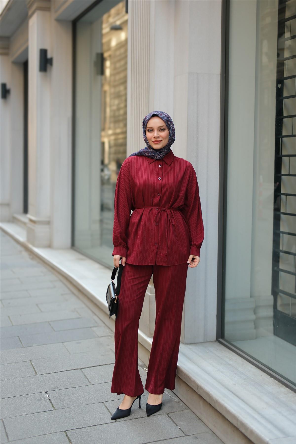 Krinkıl Kumaş Bel Bağlamalı Takım Bordo