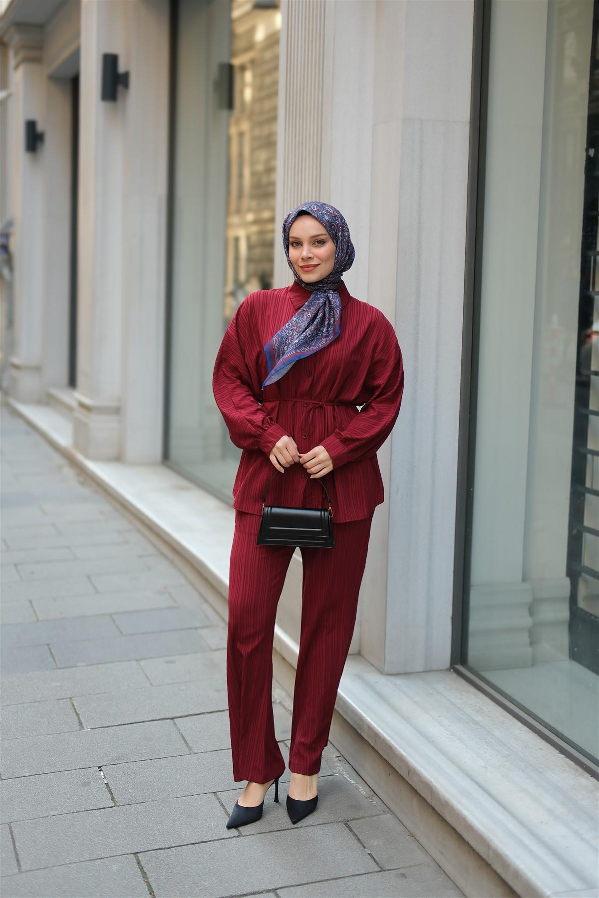 Krinkıl Kumaş Bel Bağlamalı Takım Bordo