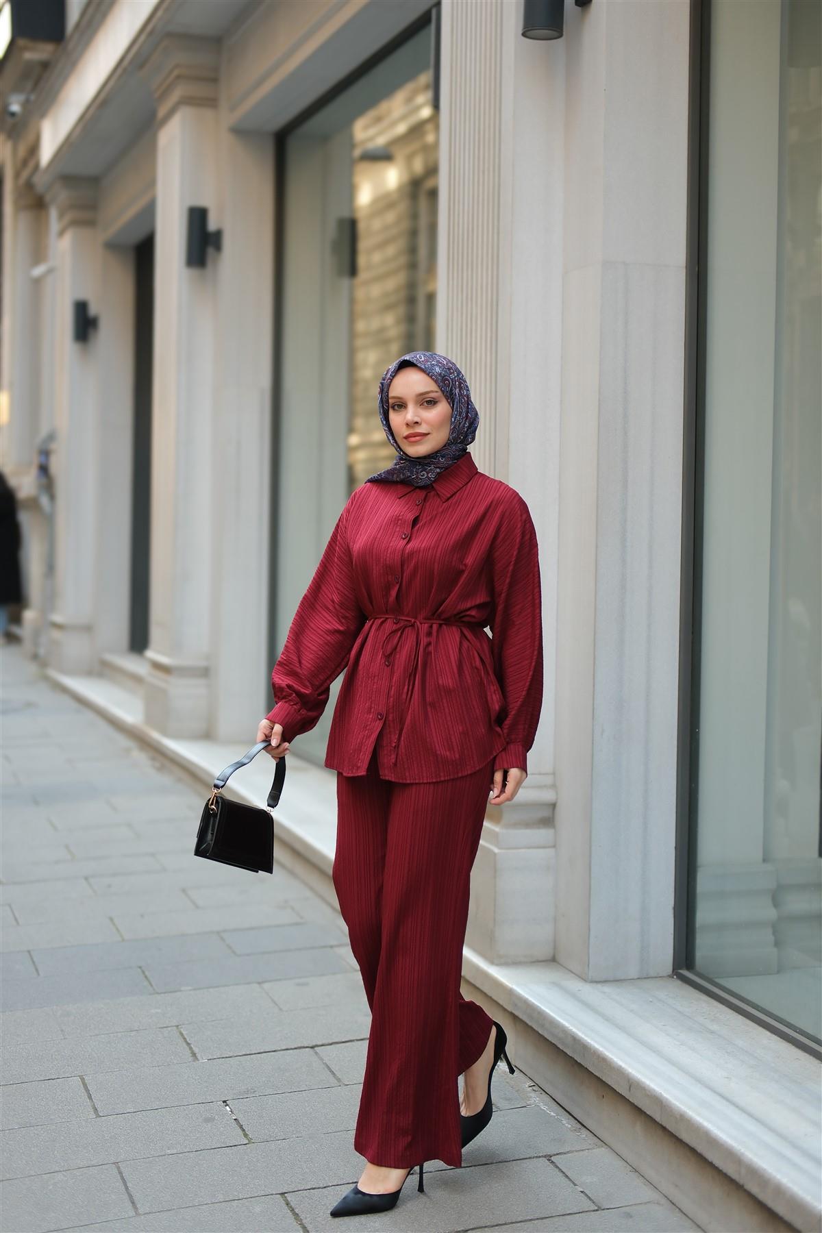 Krinkıl Kumaş Bel Bağlamalı Takım Bordo