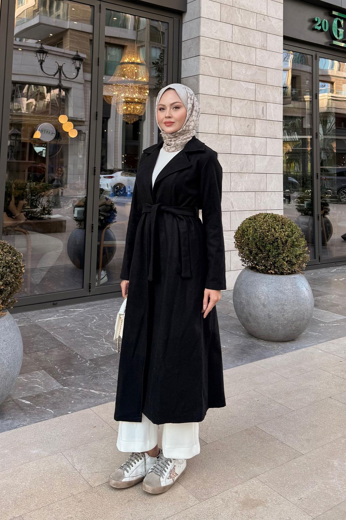 Kruvaze Kaşe Trenç Siyah