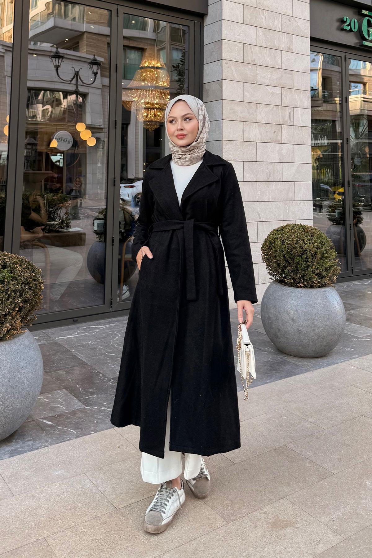 Kruvaze Kaşe Trenç Siyah