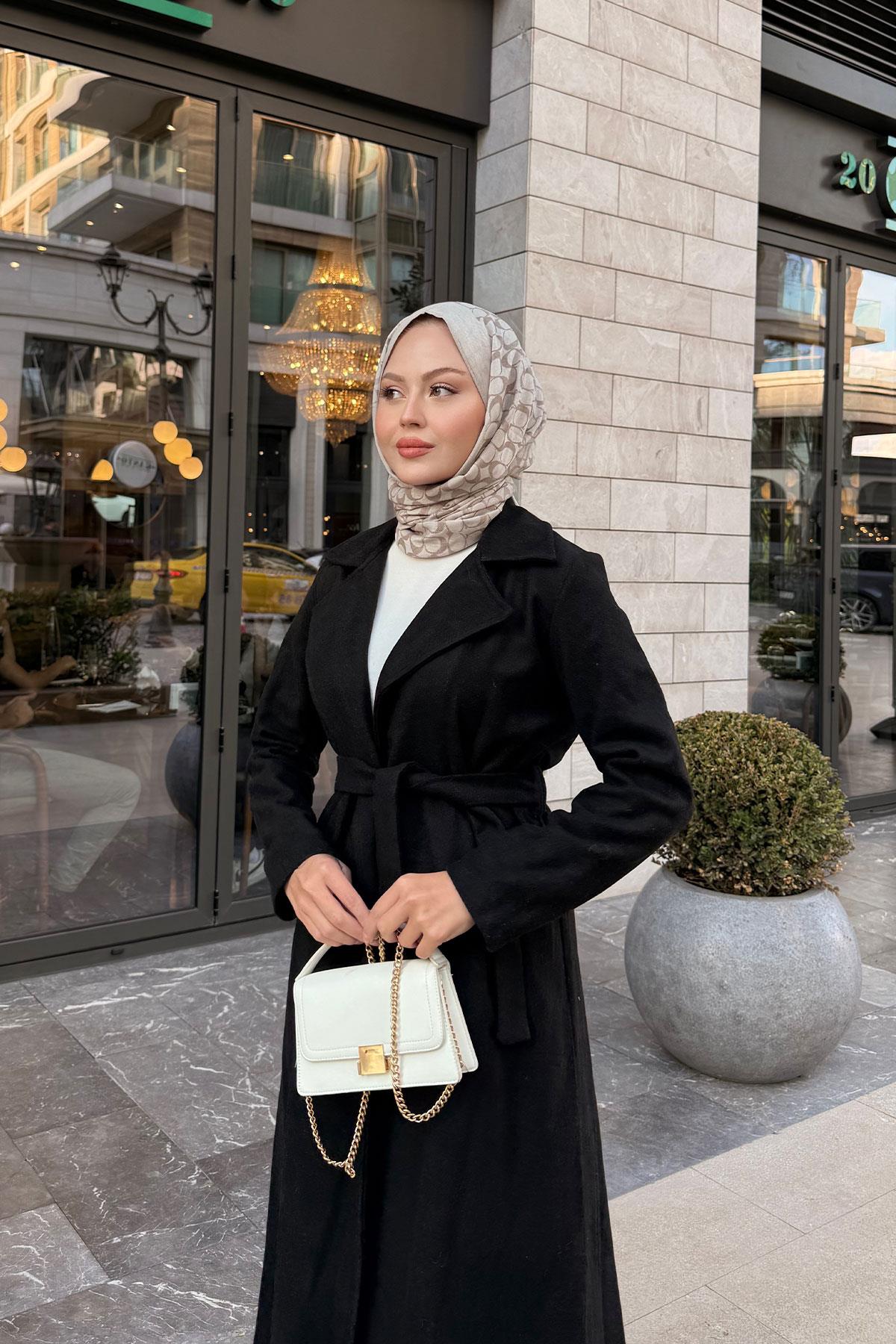 Kruvaze Kaşe Trenç Siyah