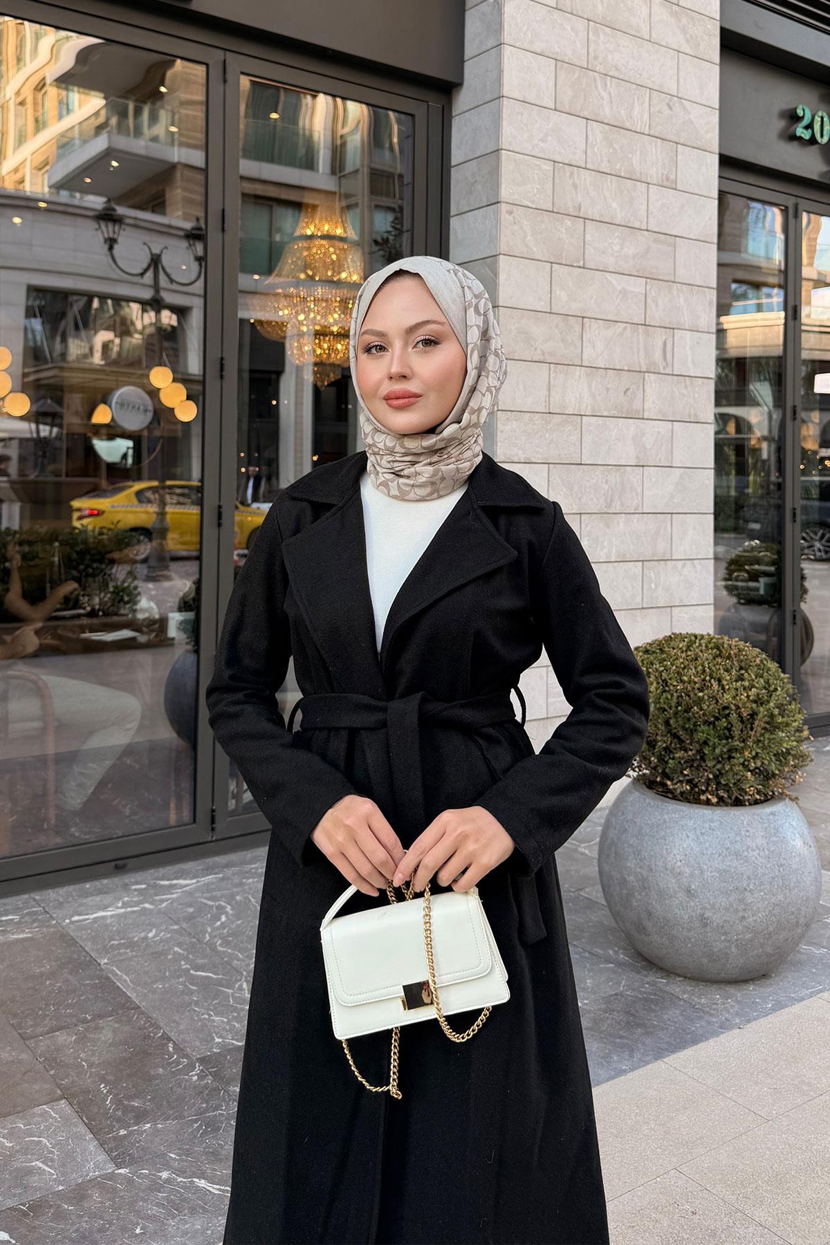 Kruvaze Kaşe Trenç Siyah