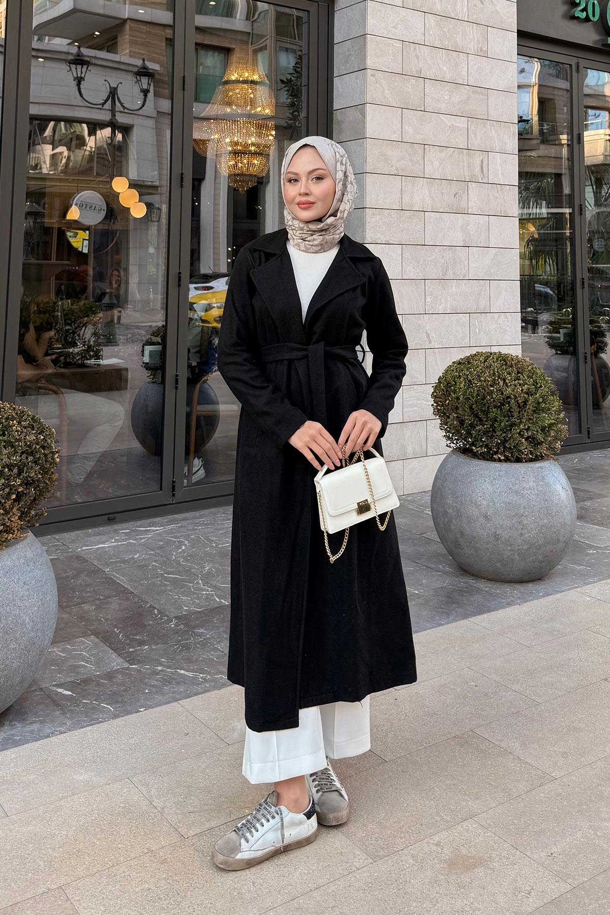 Kruvaze Kaşe Trenç Siyah