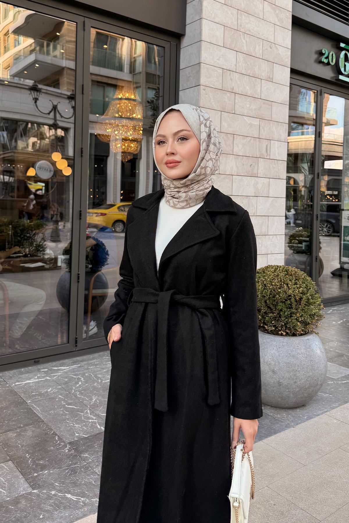 Kruvaze Kaşe Trenç Siyah