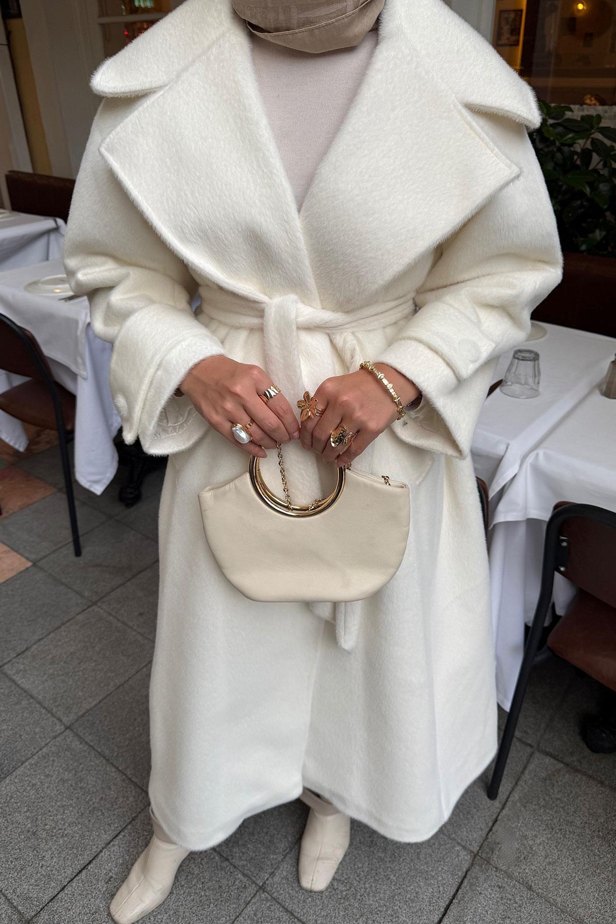 Kruvaze Yaka Bel Bağlamalı Kaban Ekru