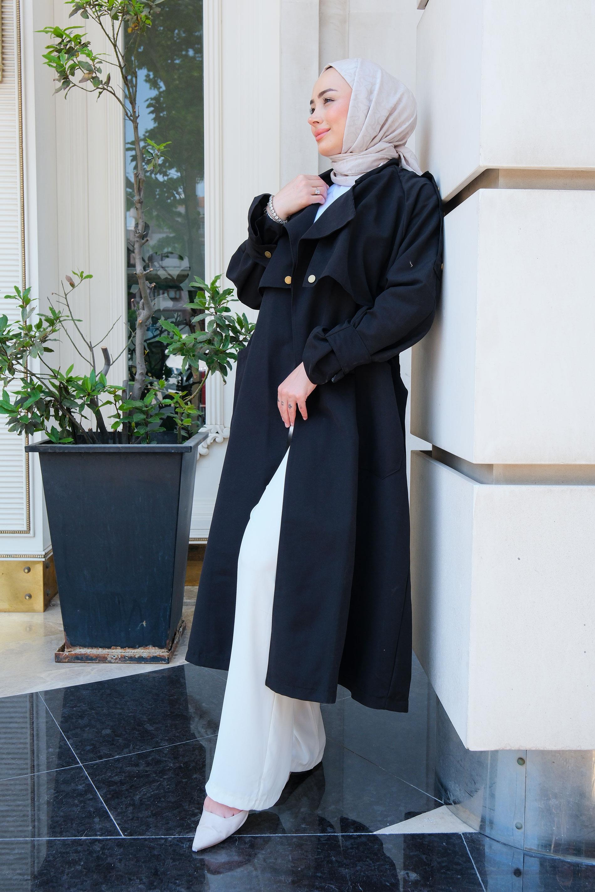 Kruvaze Yaka İspanyol Kol Trençkot Siyah