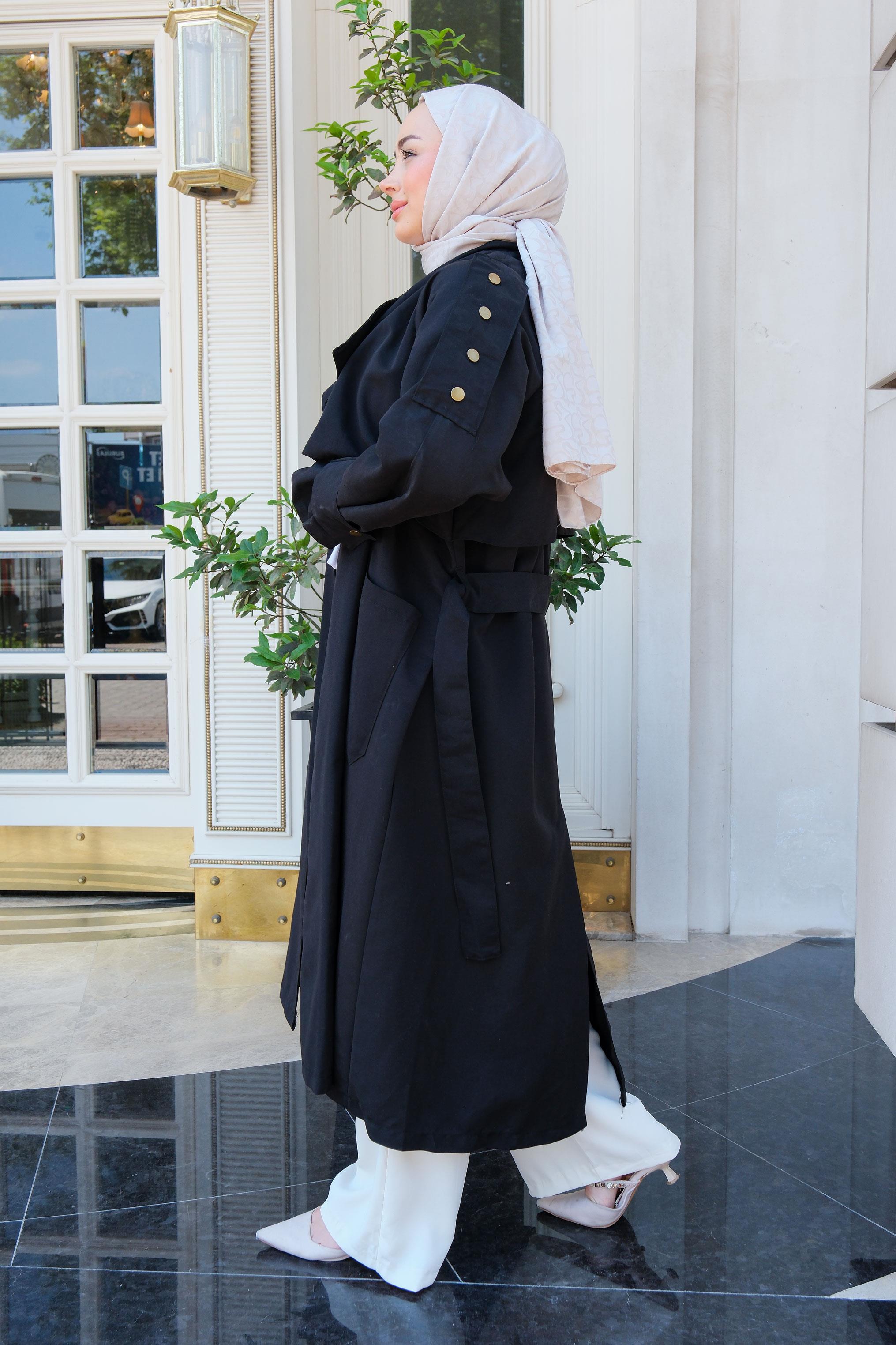 Kruvaze Yaka İspanyol Kol Trençkot Siyah