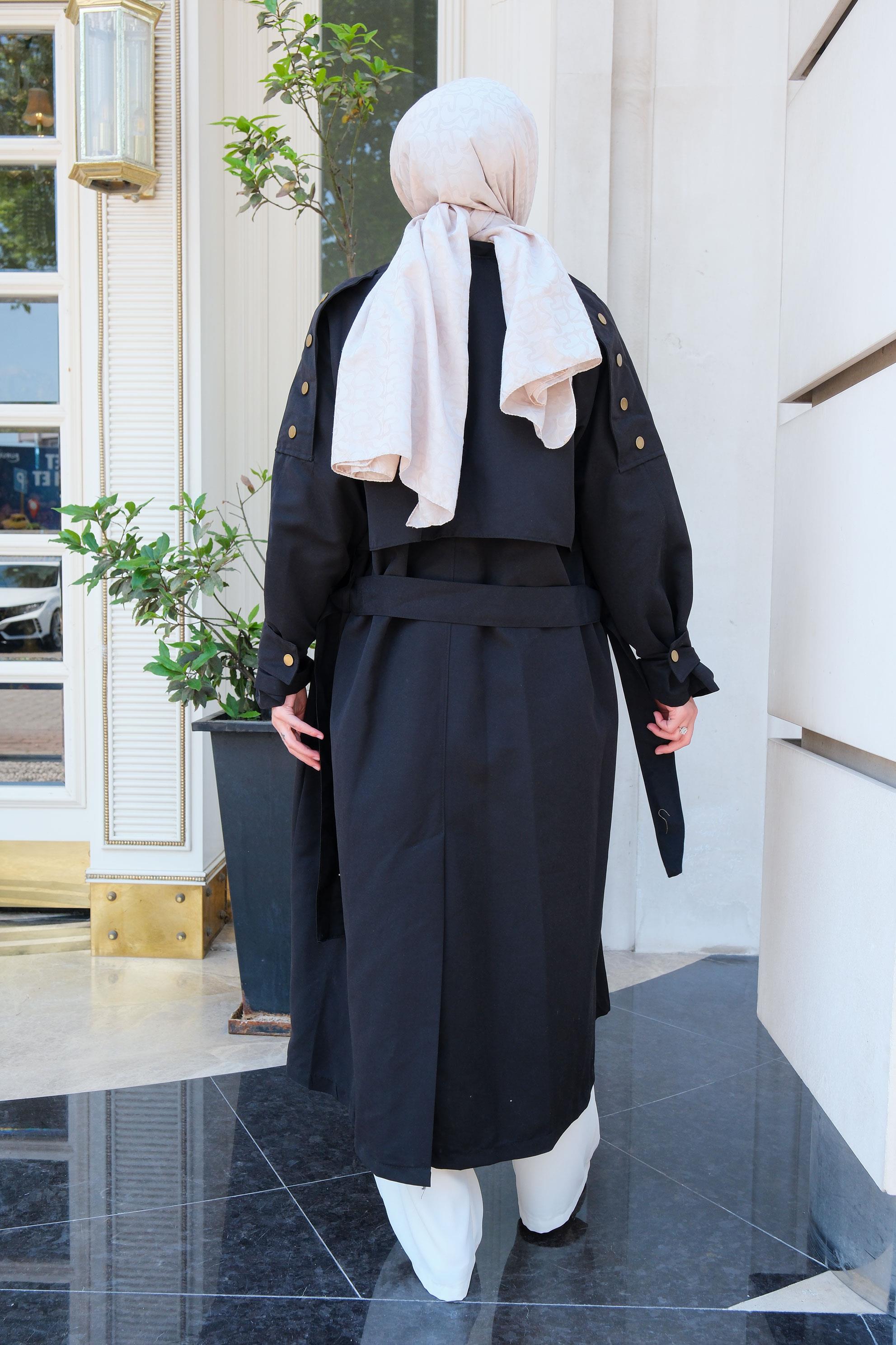 Kruvaze Yaka İspanyol Kol Trençkot Siyah