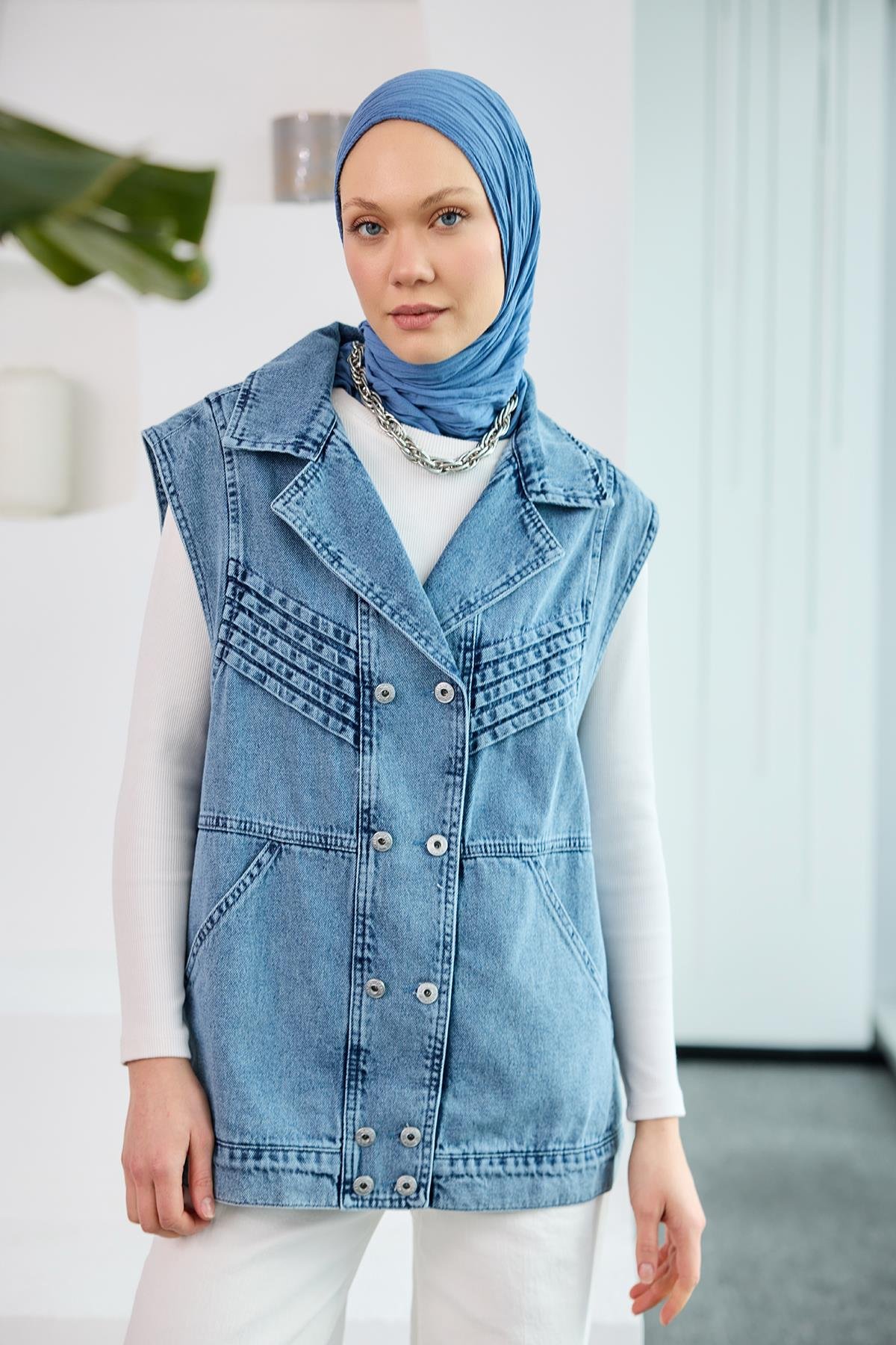 Kruvaze Yaka Jean Yelek Mavi