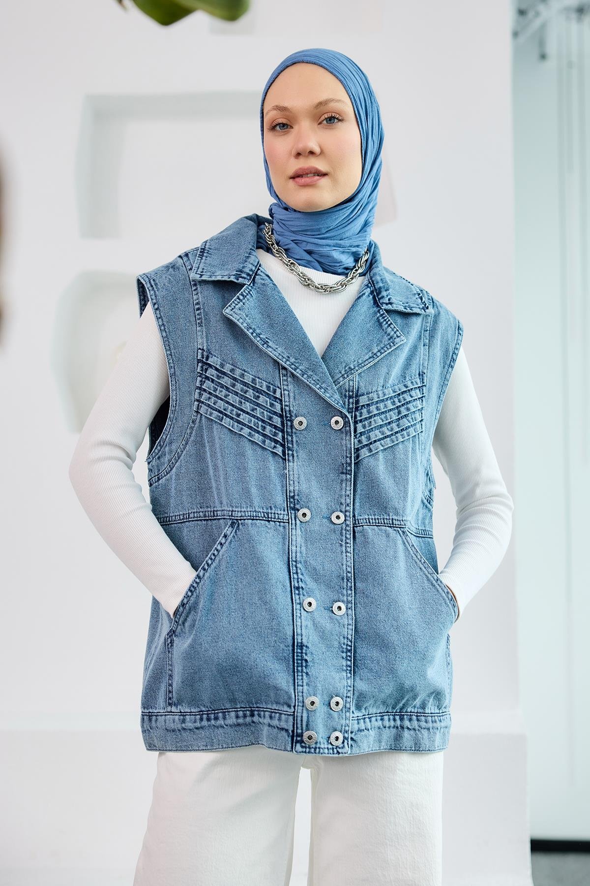 Kruvaze Yaka Jean Yelek Mavi