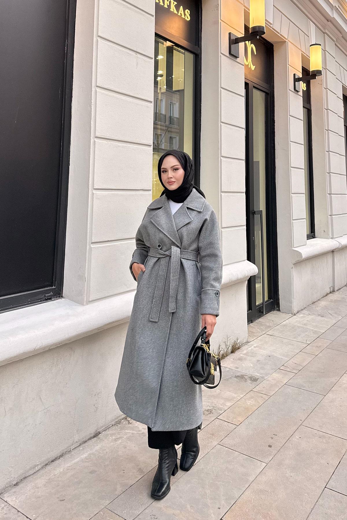 Kruvaze Yaka Kaşe Kaban Gri