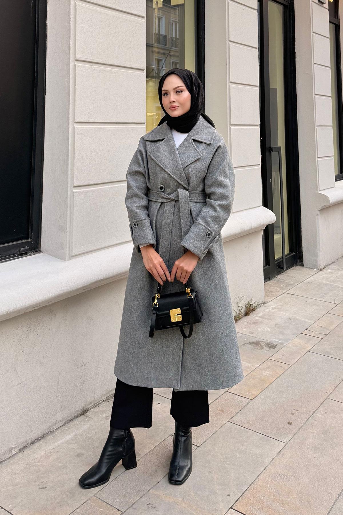 Kruvaze Yaka Kaşe Kaban Gri