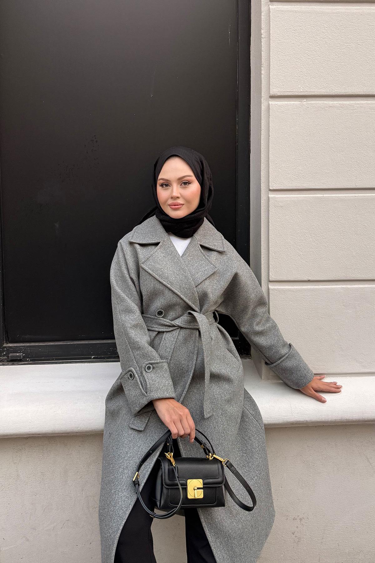 Kruvaze Yaka Kaşe Kaban Gri