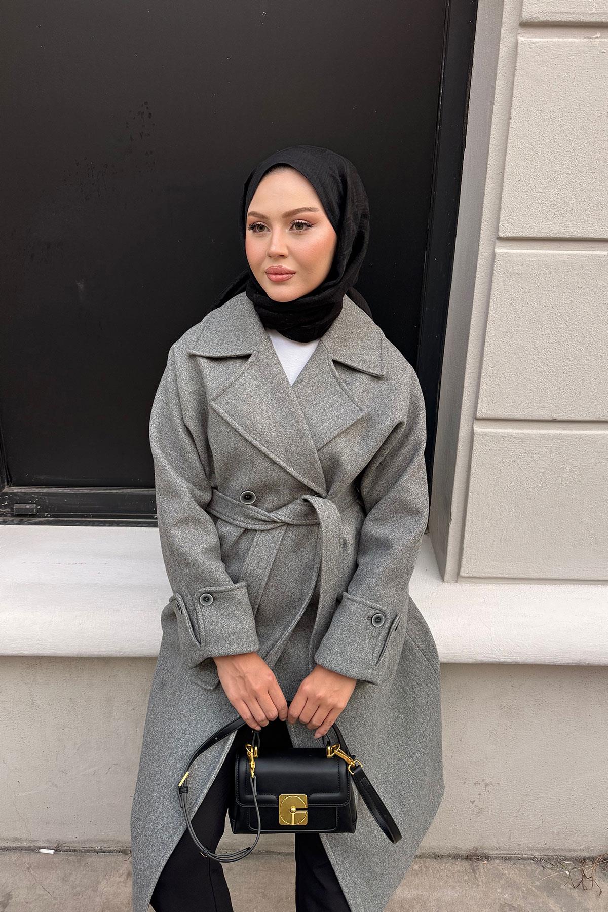 Kruvaze Yaka Kaşe Kaban Gri