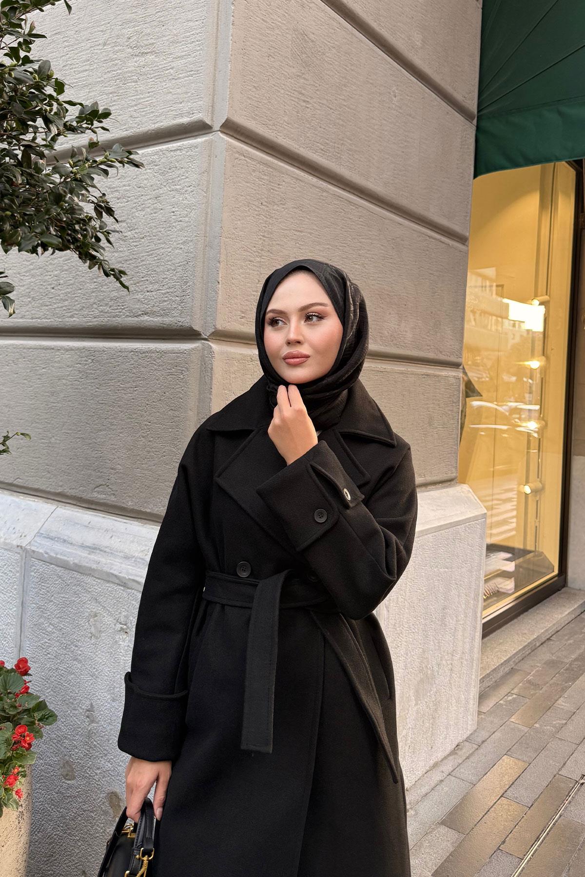 Kruvaze Yaka Kaşe Kaban Siyah