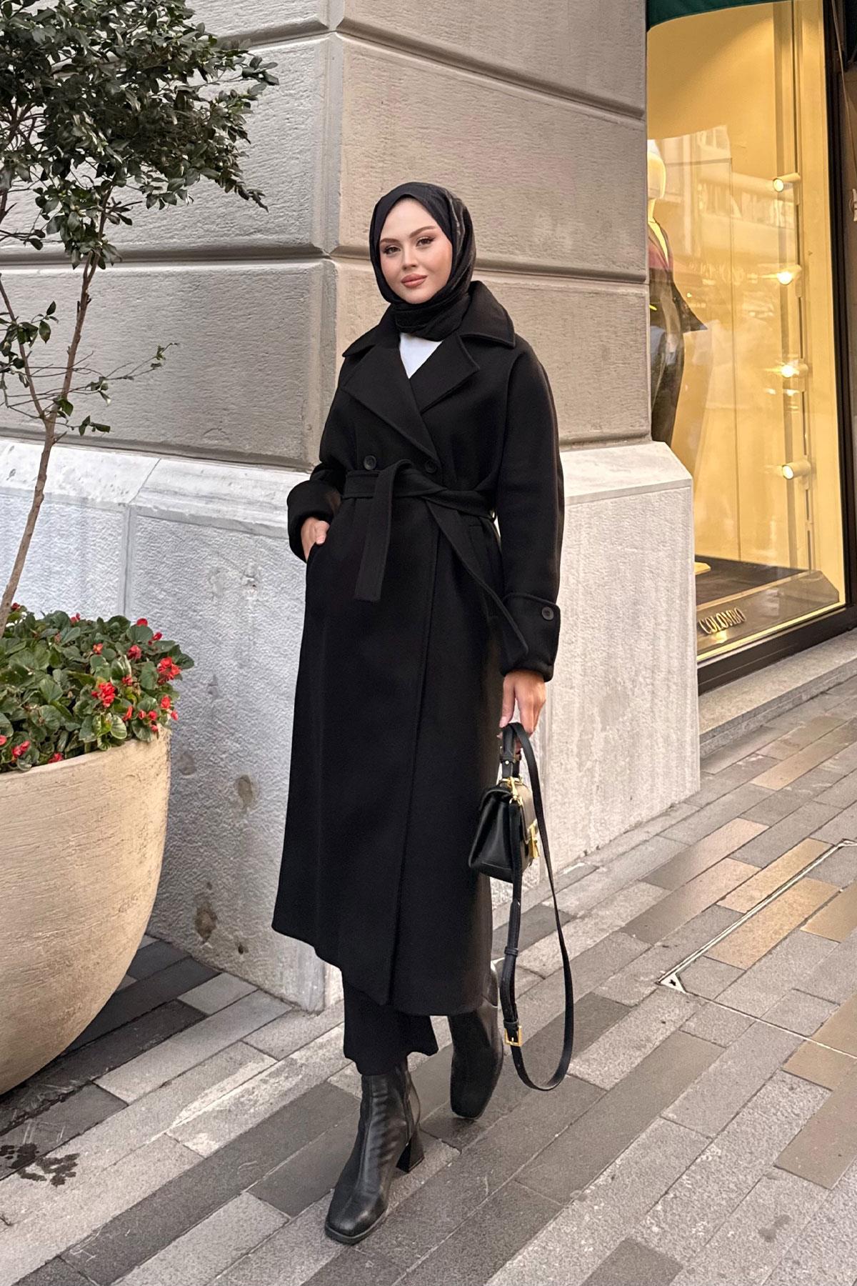 Kruvaze Yaka Kaşe Kaban Siyah