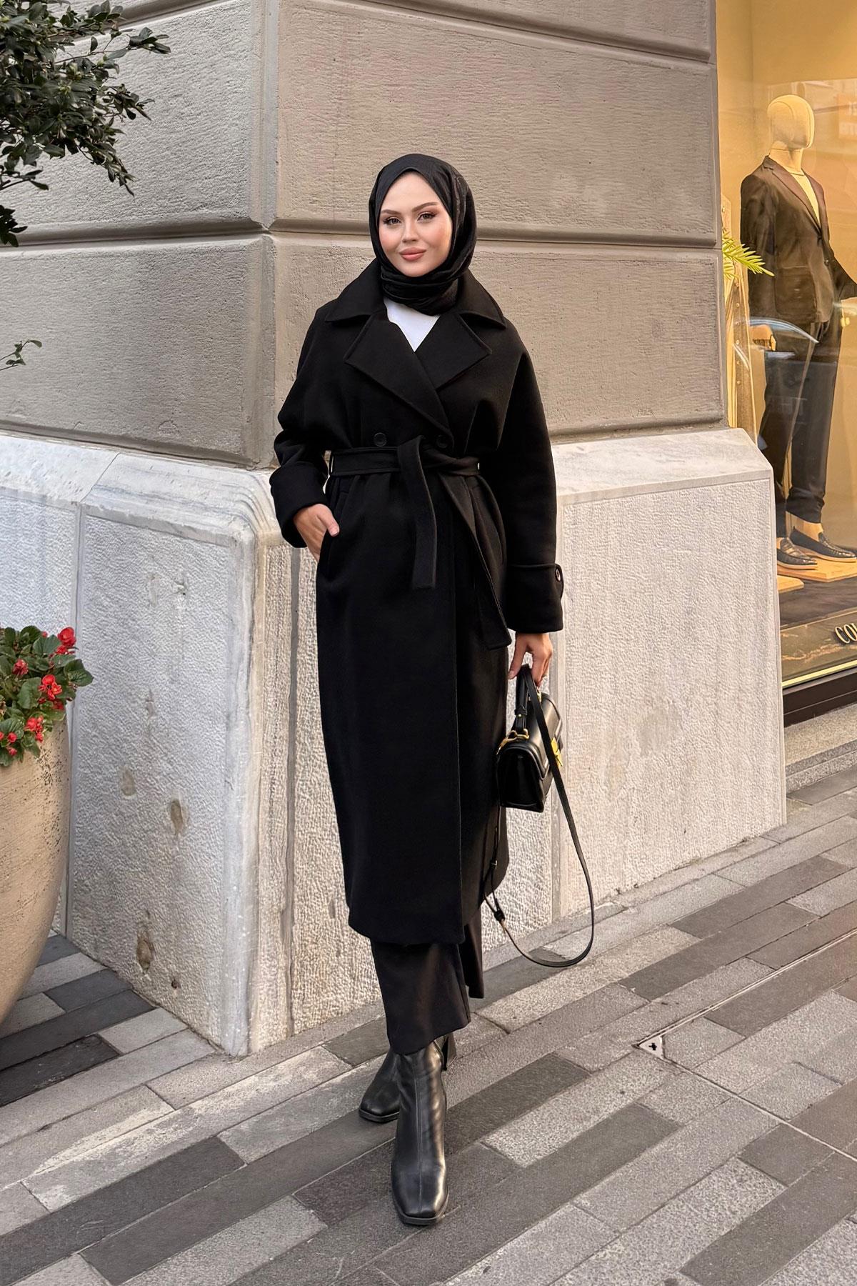 Kruvaze Yaka Kaşe Kaban Siyah