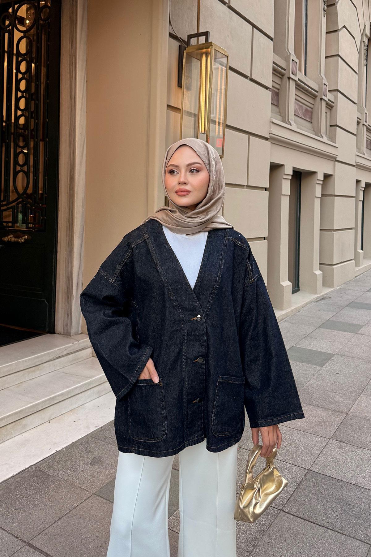 Kruvaze Yaka Kot Ceket Koyu Mavi