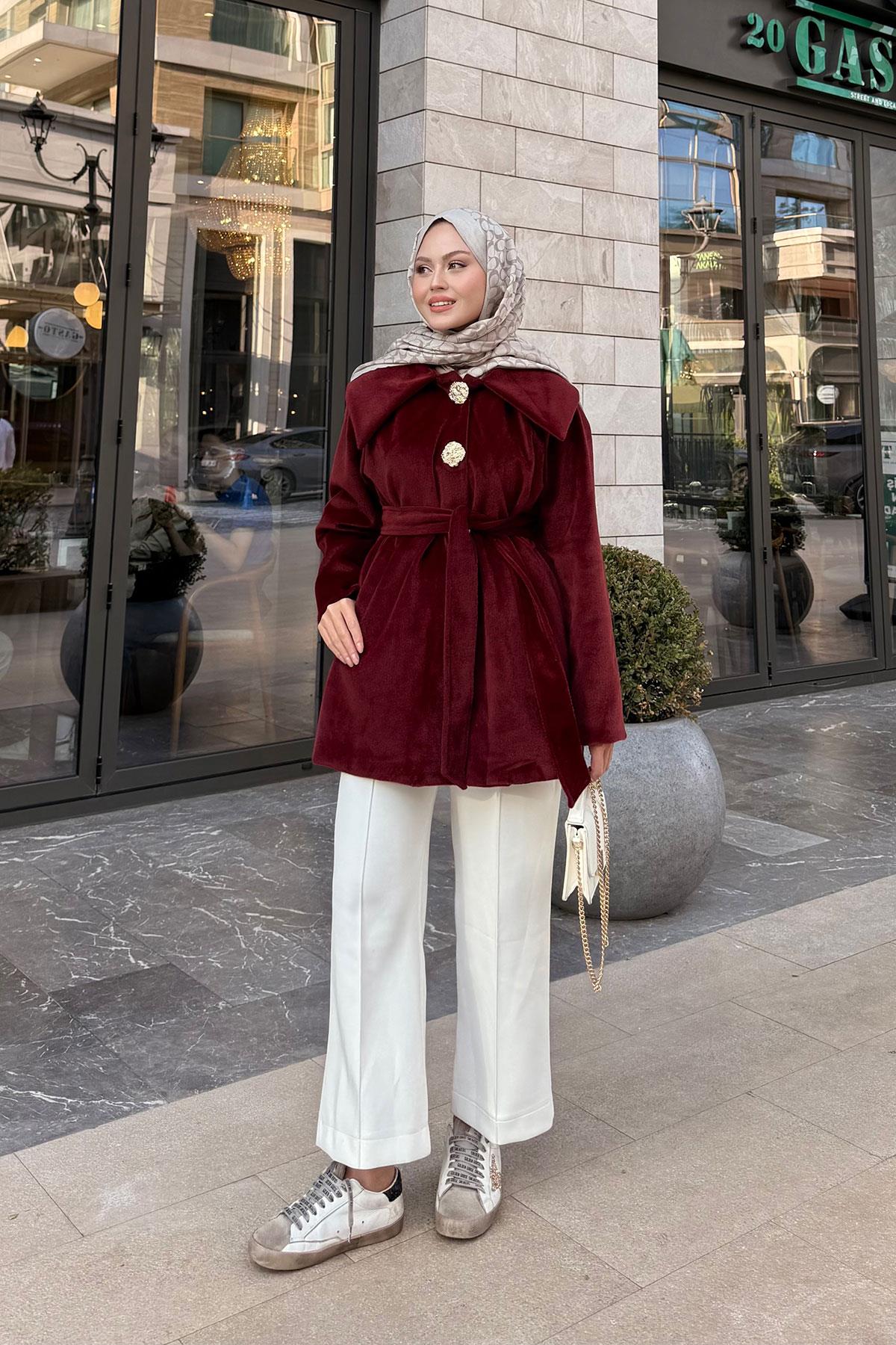 Kruvaze Yaka Peluş Ceket Bordo