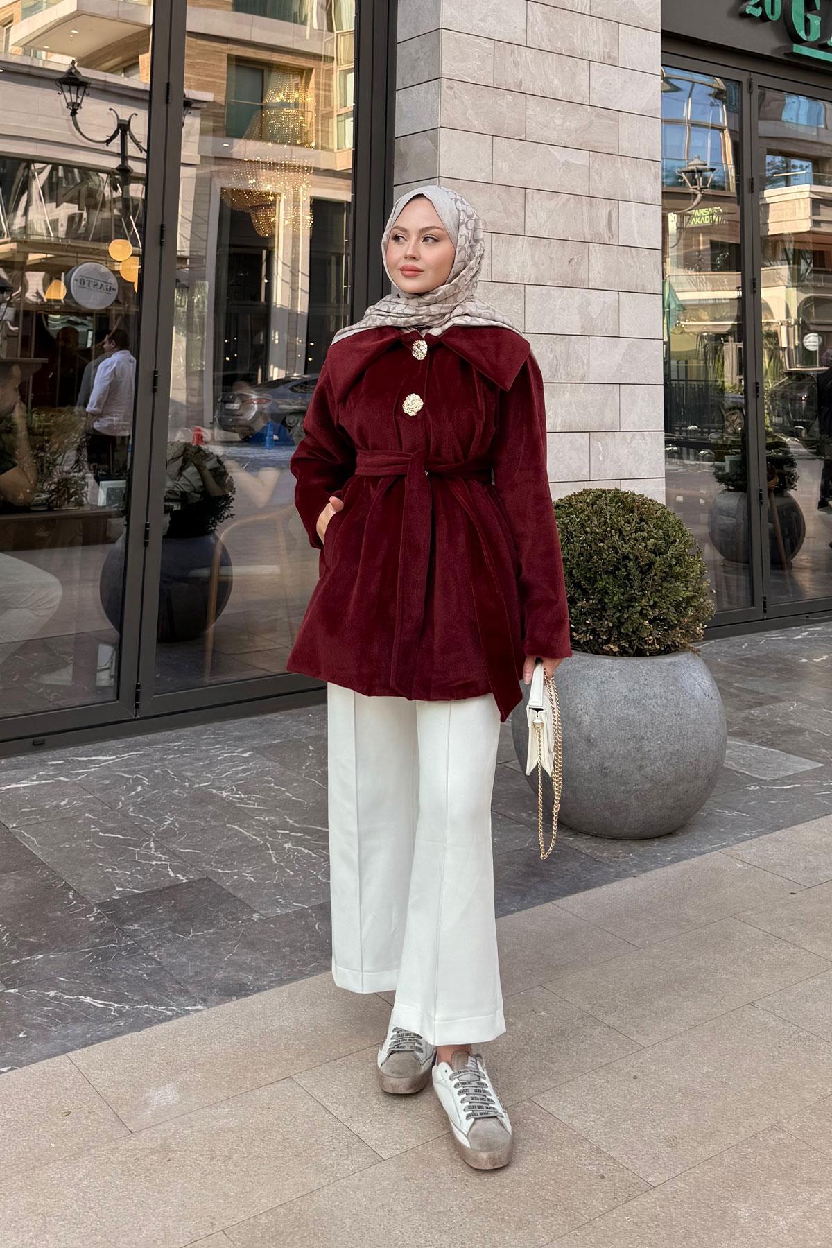 Kruvaze Yaka Peluş Ceket Bordo