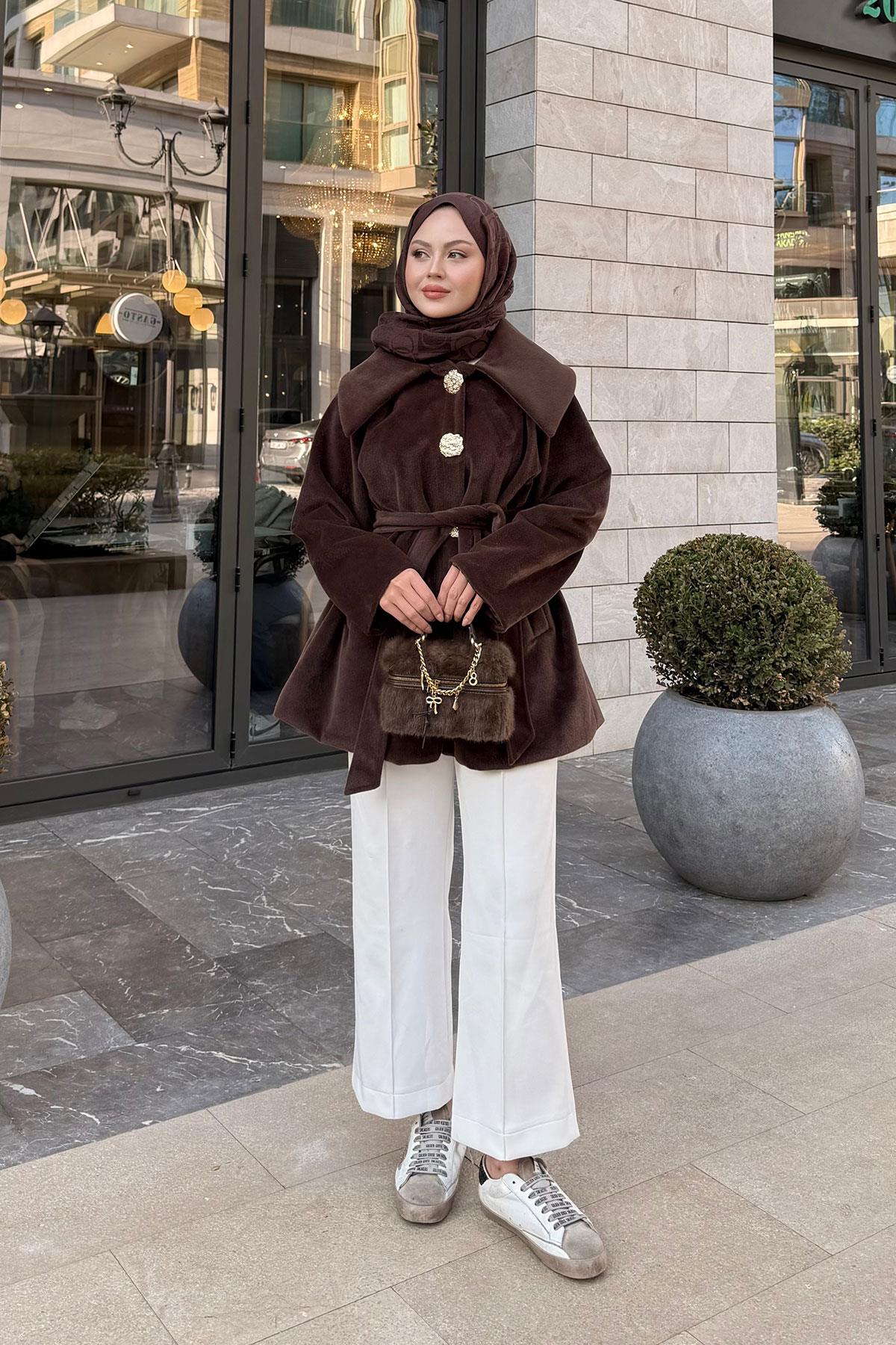 Kruvaze Yaka Peluş Ceket Kahverengi