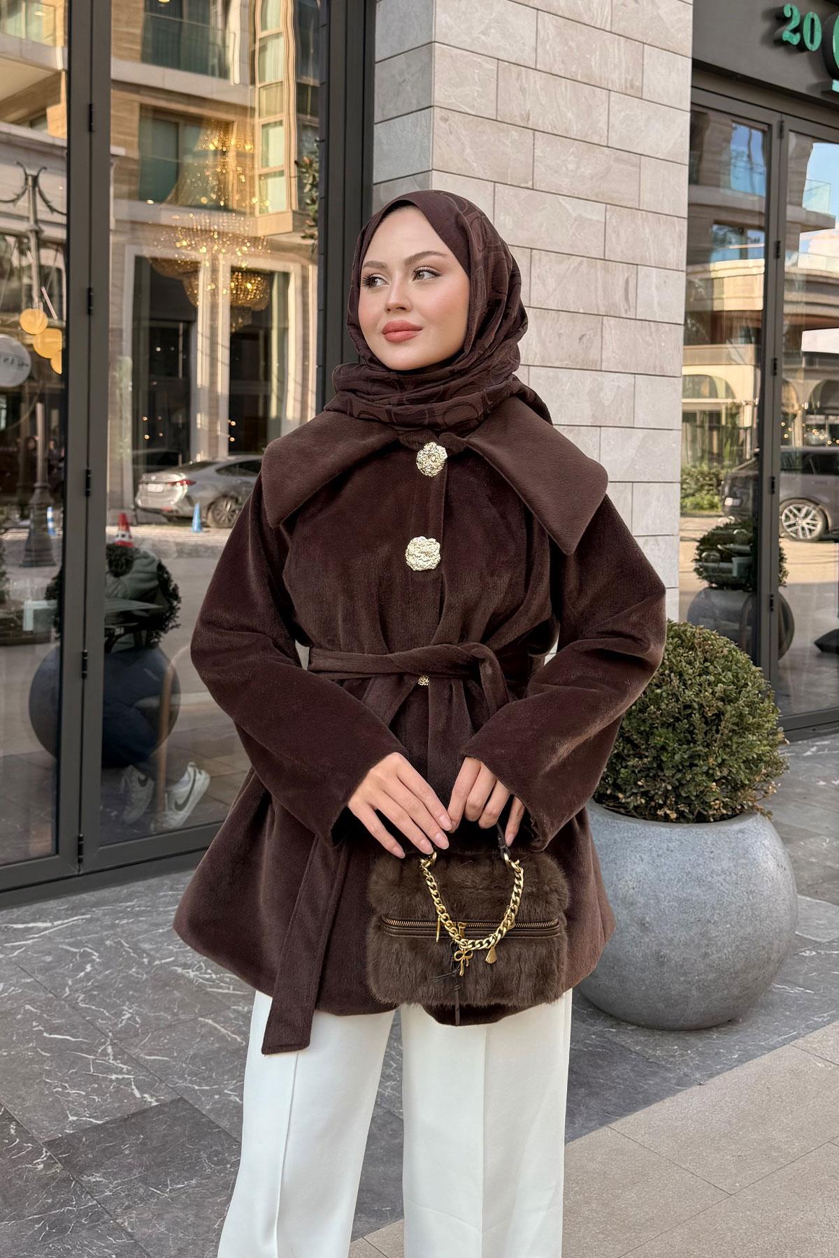 Kruvaze Yaka Peluş Ceket Kahverengi