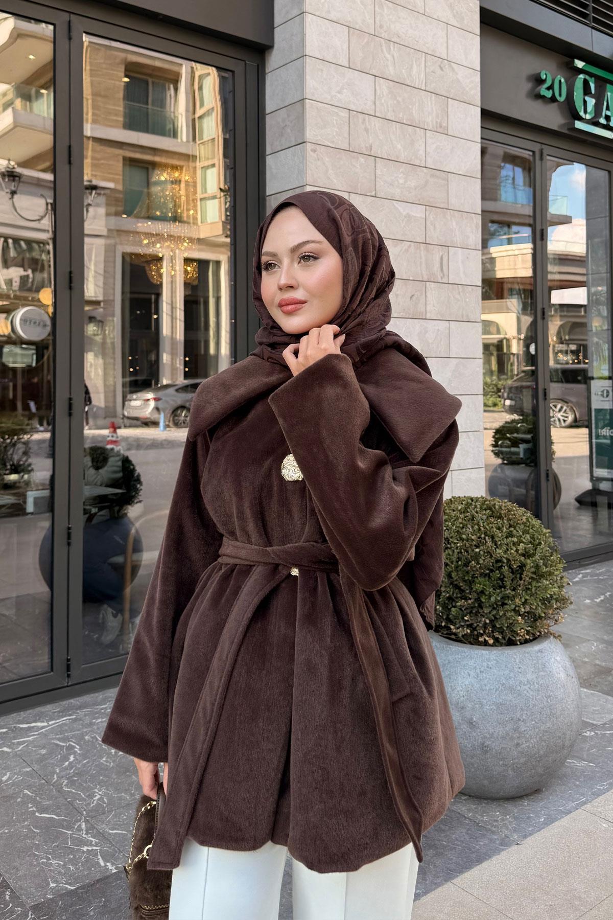 Kruvaze Yaka Peluş Ceket Kahverengi