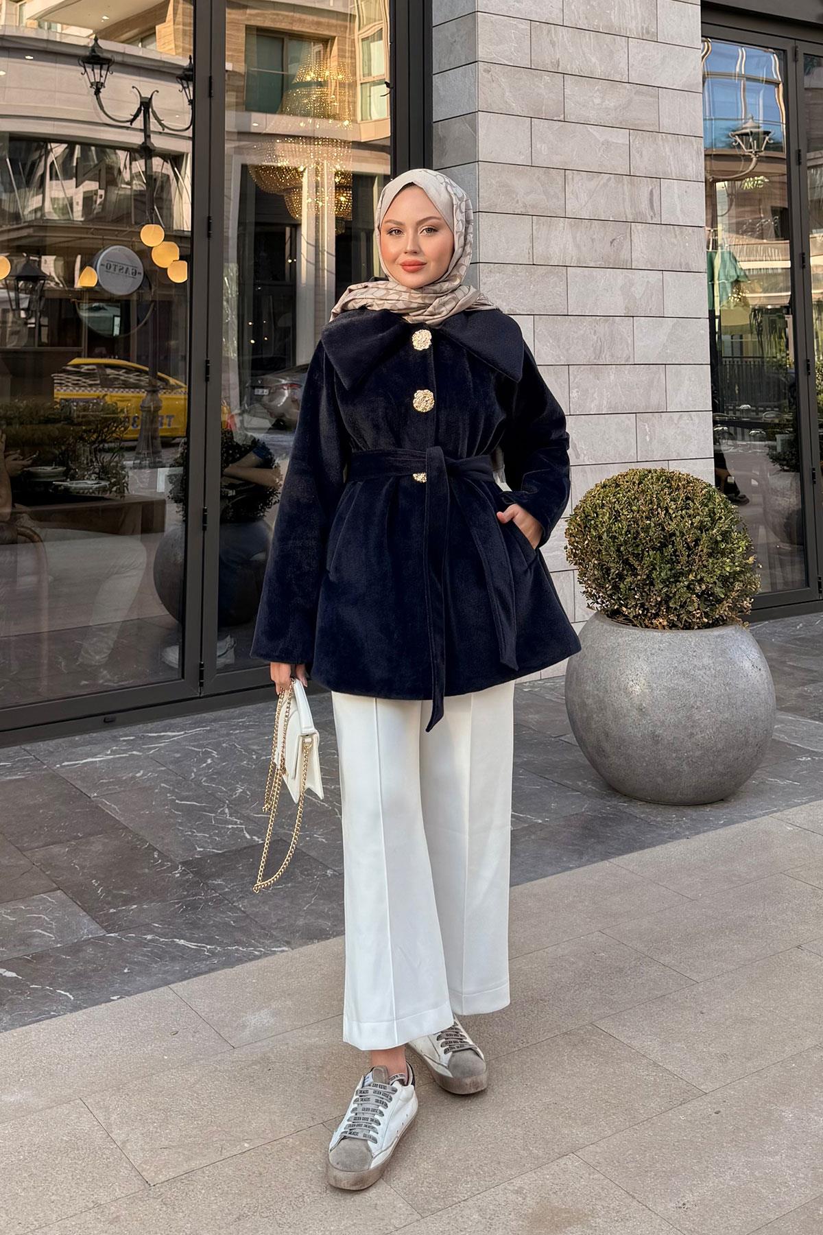 Kruvaze Yaka Peluş Ceket Lacivert