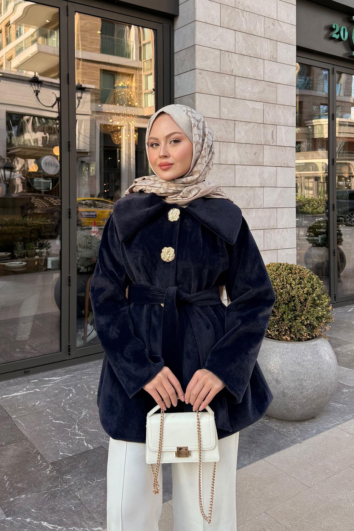 Kruvaze Yaka Peluş Ceket Lacivert