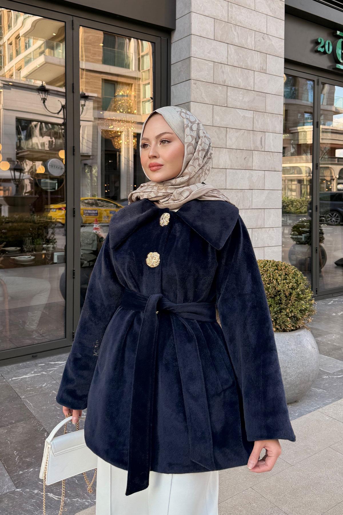 Kruvaze Yaka Peluş Ceket Lacivert