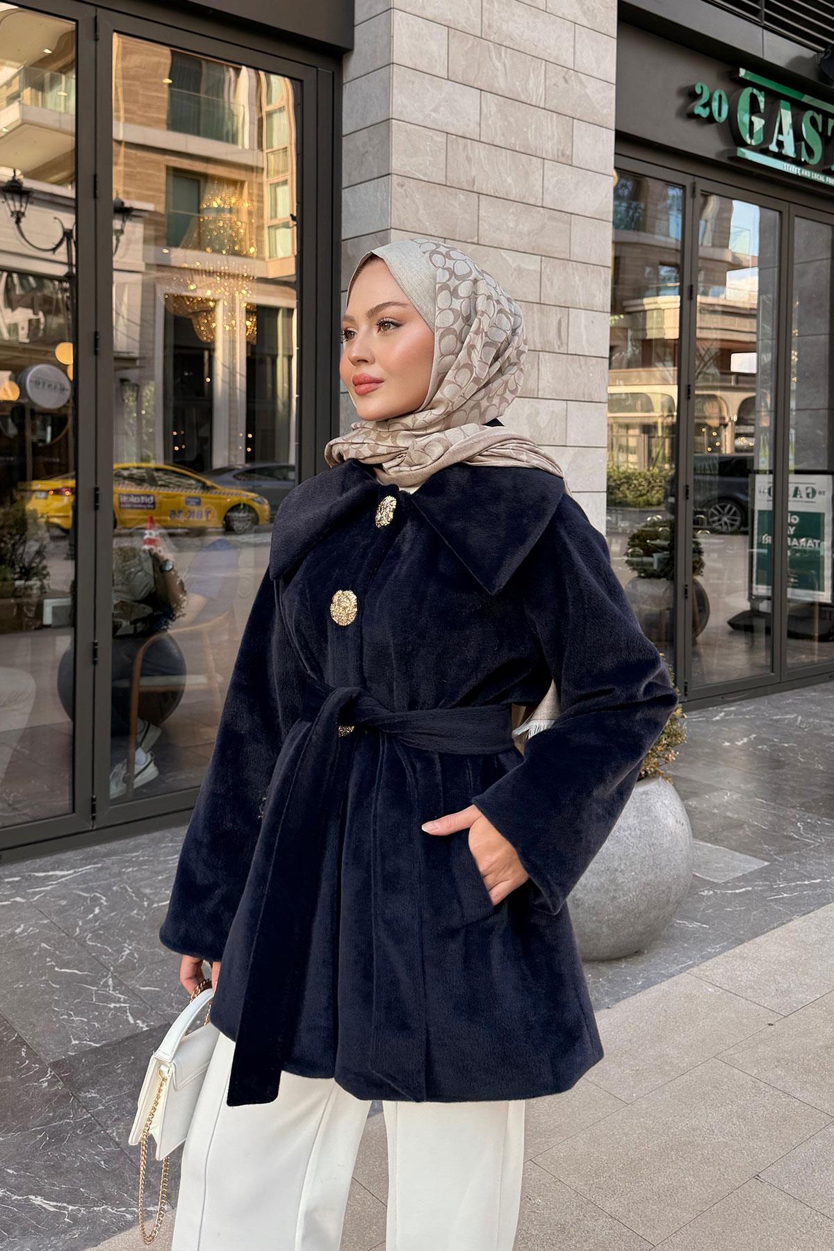 Kruvaze Yaka Peluş Ceket Lacivert