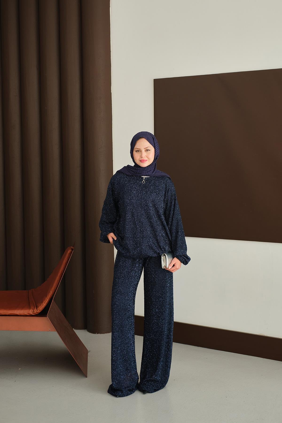 Küçük Boncuk Detaylı İkili Takım Lacivert