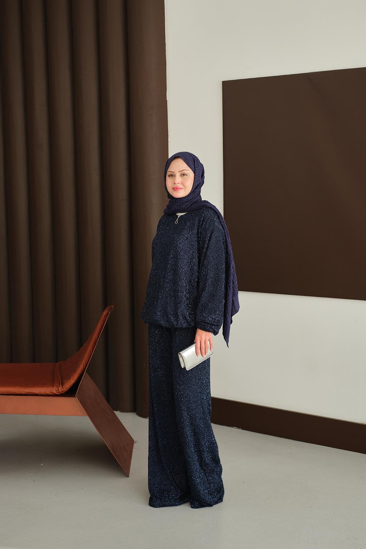 Küçük Boncuk Detaylı İkili Takım Lacivert