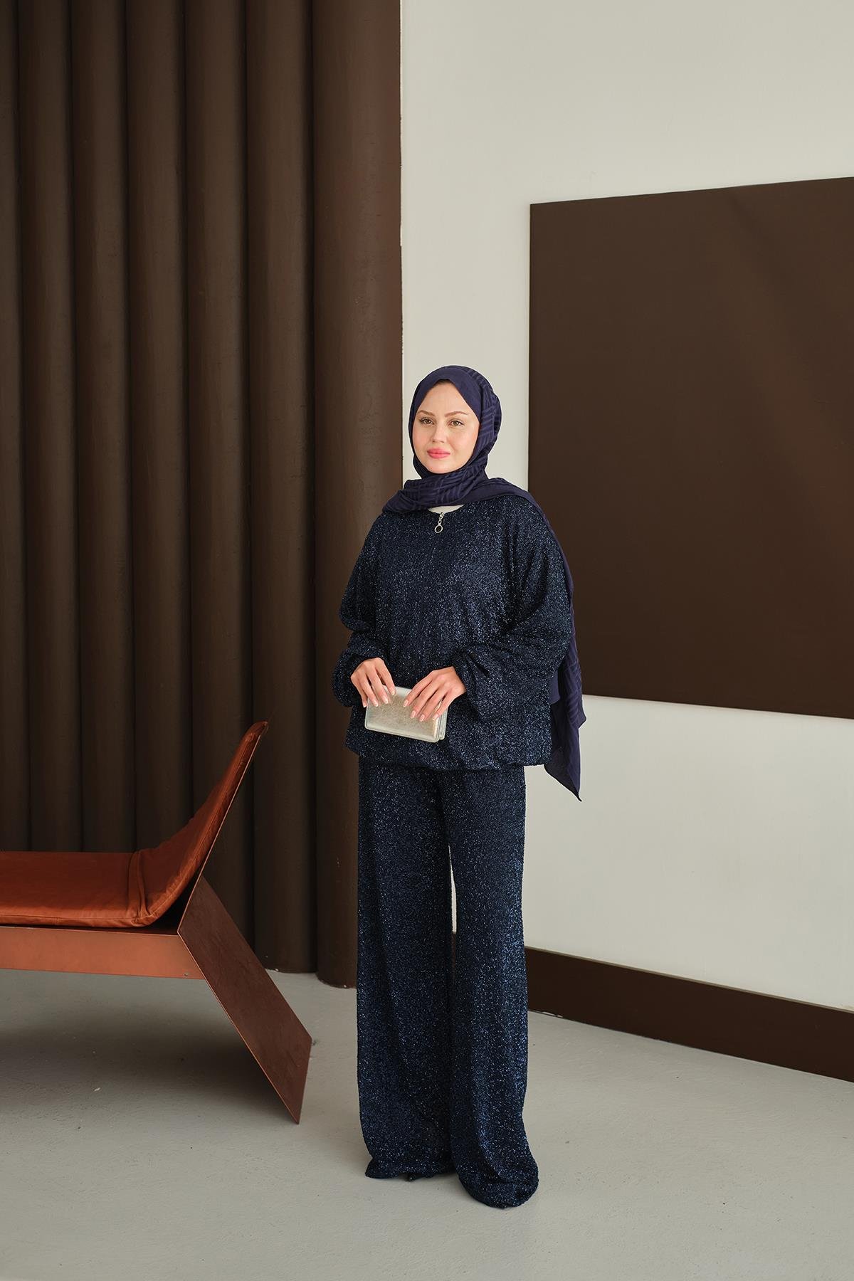 Küçük Boncuk Detaylı İkili Takım Lacivert