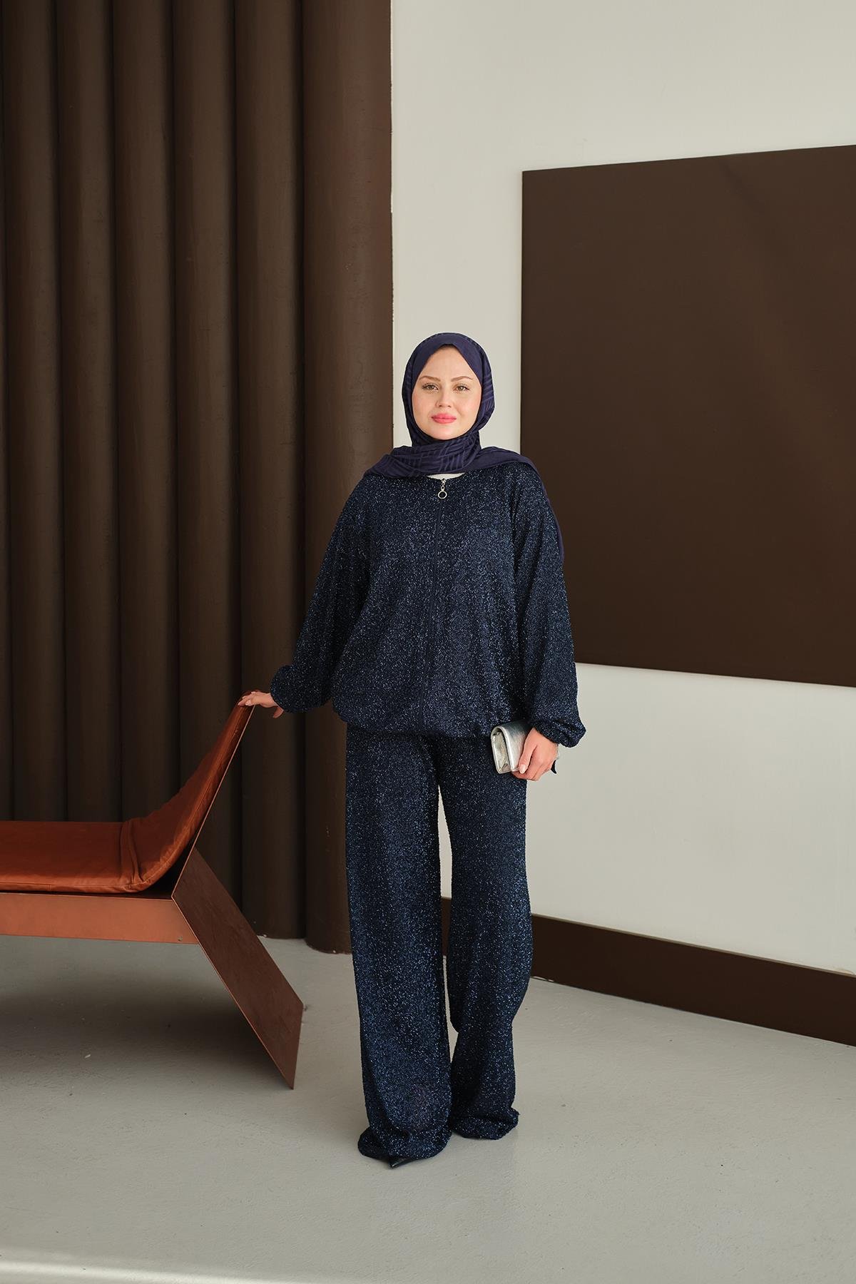 Küçük Boncuk Detaylı İkili Takım Lacivert