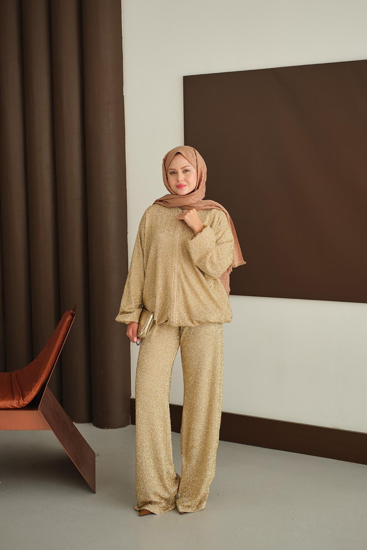 Küçük Boncuk Detaylı İkili Takım Sarı