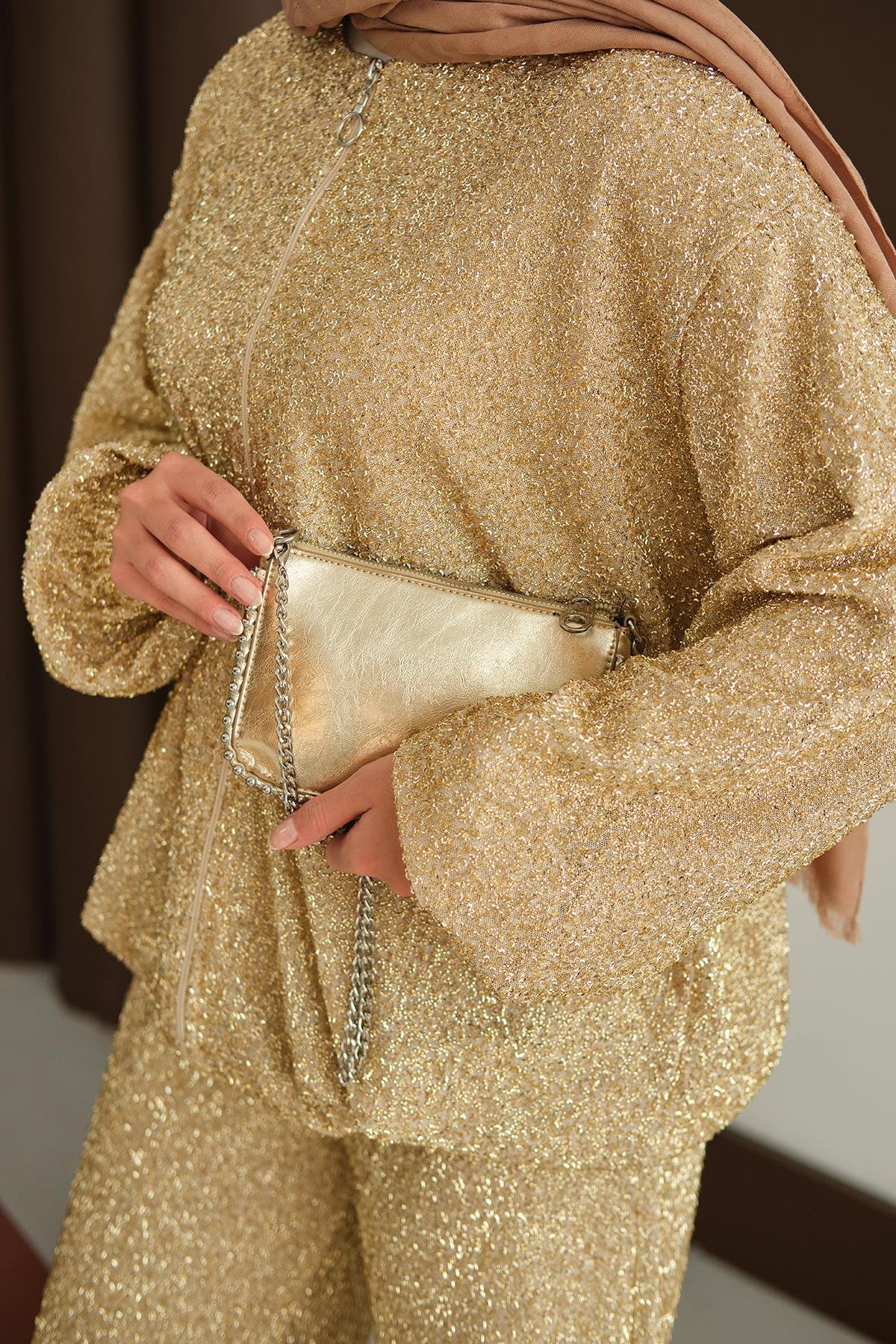 Küçük Boncuk Detaylı İkili Takım Sarı